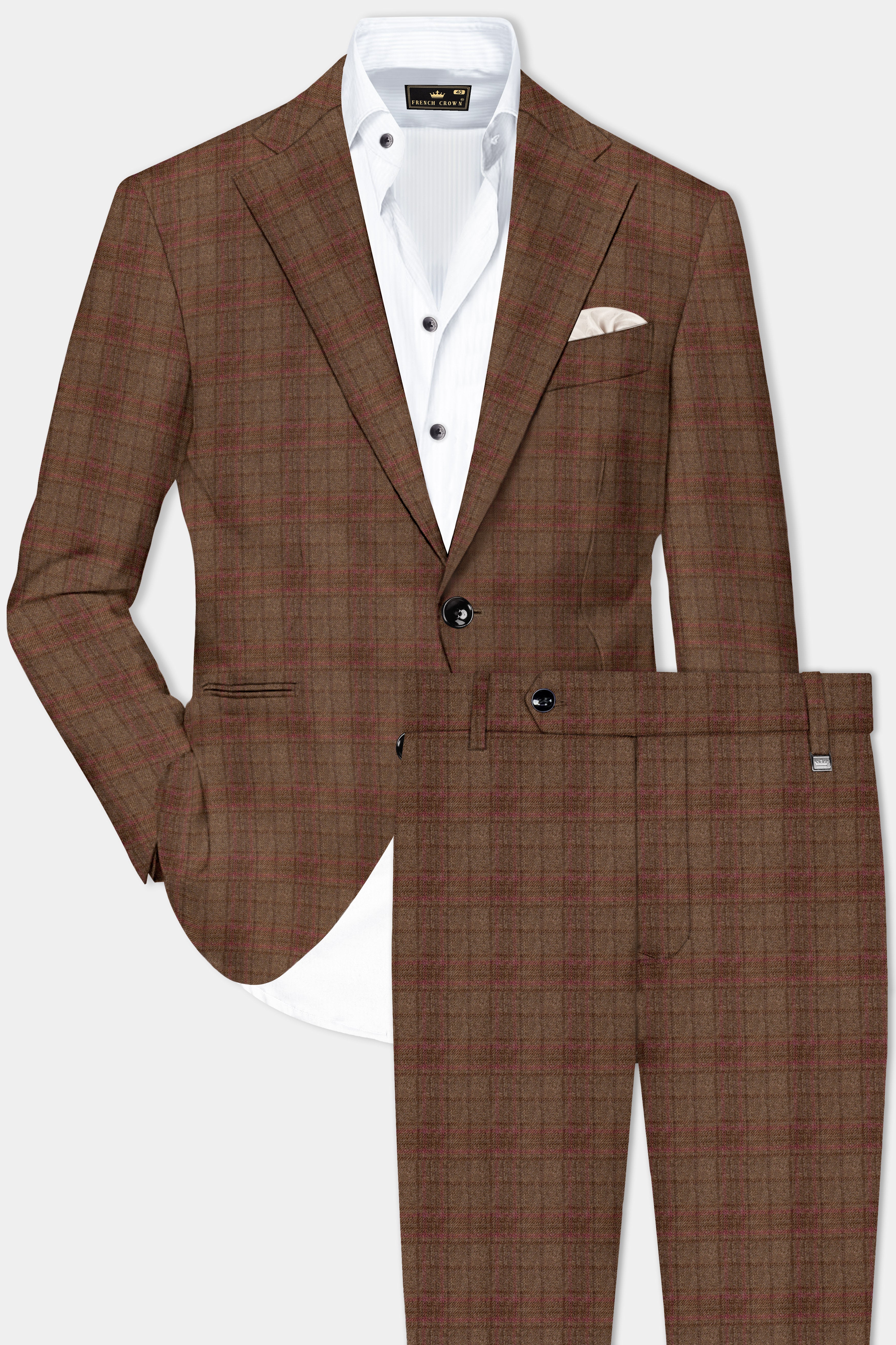 Cango Brown Plaid Wool Rich Single Breasted Suit