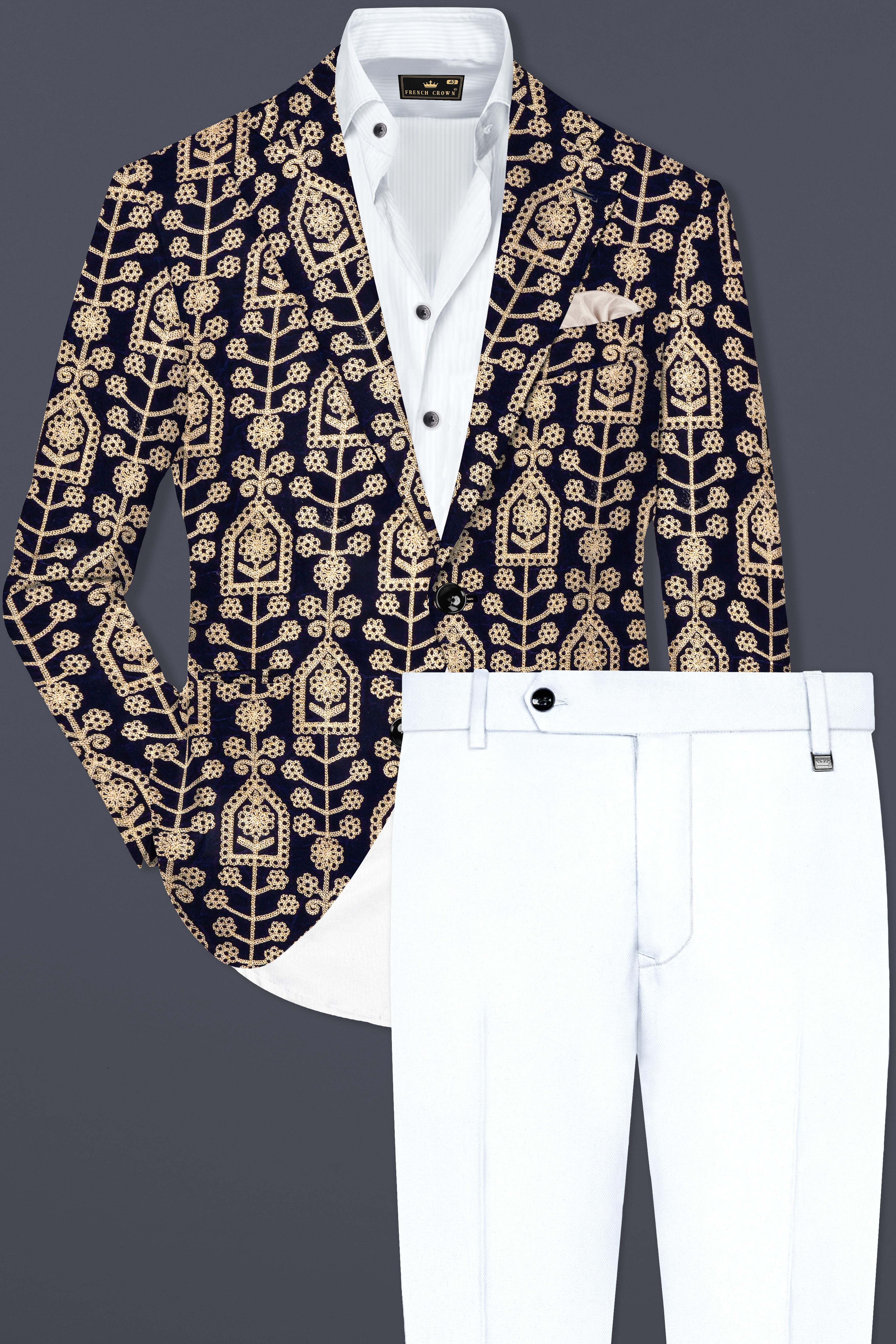 Navy Blue Thread Work Embroidered Velvet Single Breasted Suit