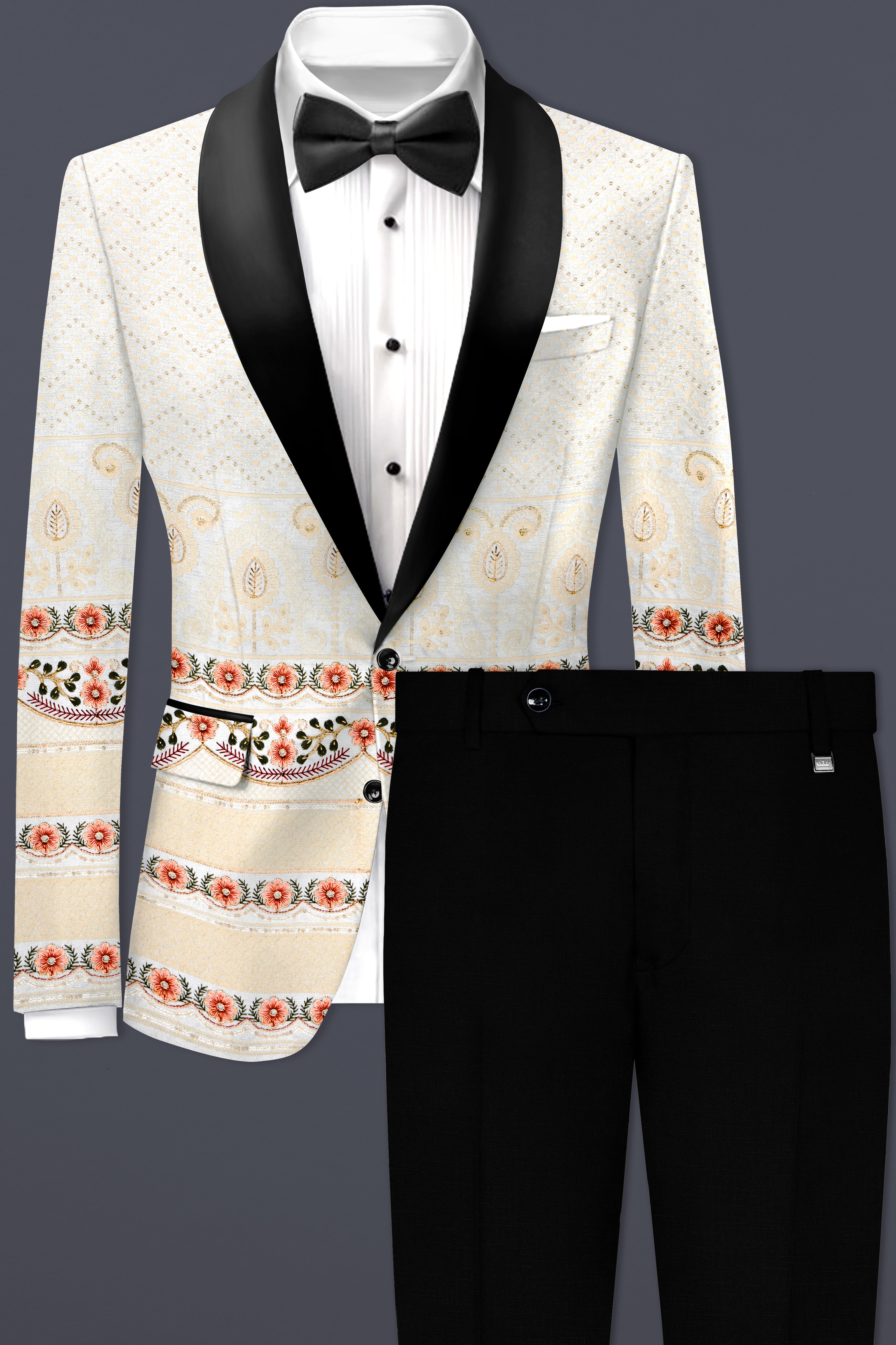 Off White And ApricotPeach Multicolor Sequin and thread Embroidered Tuxedo Suit