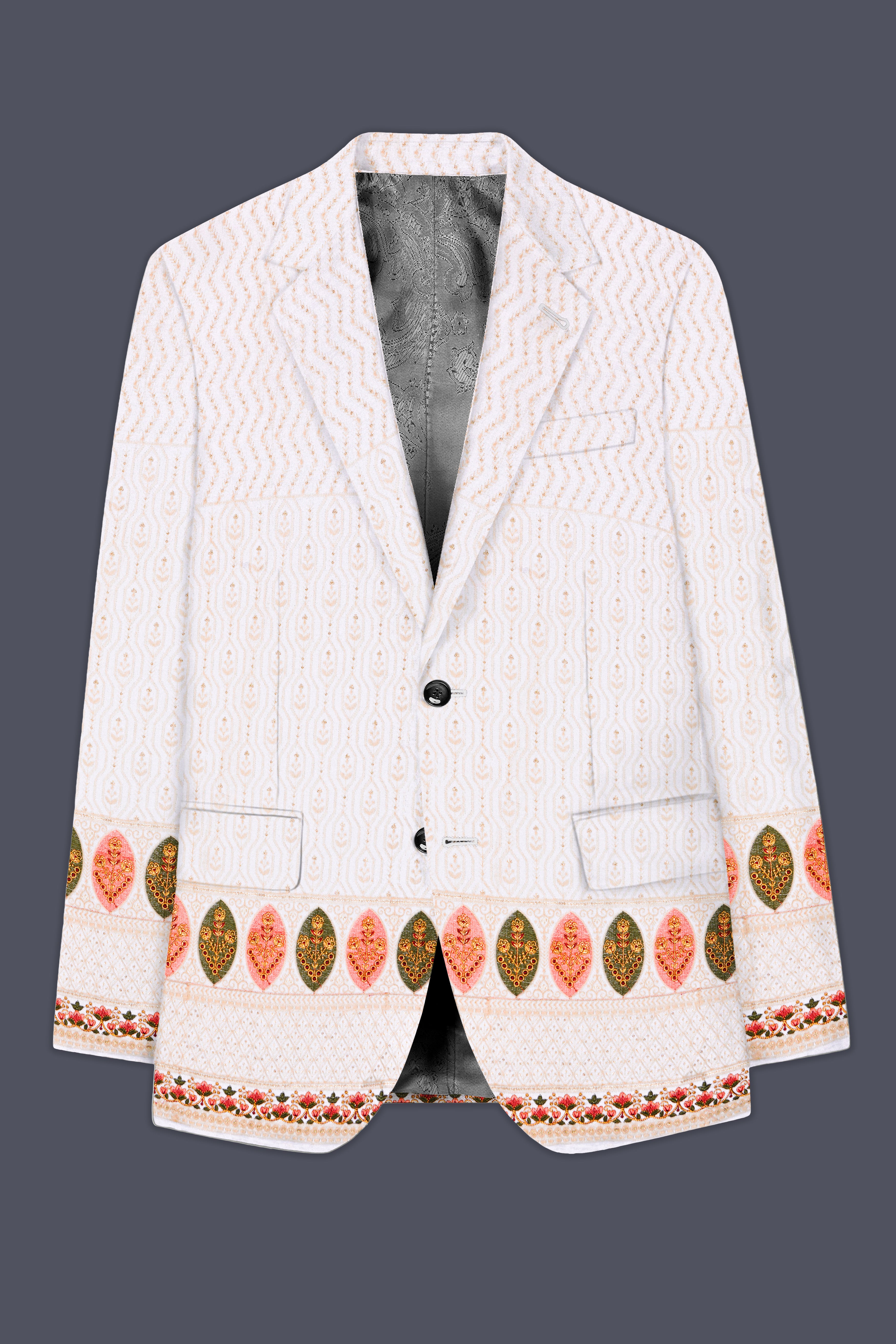 Bright White And Blush Peach Multicolor Sequin and thread leaf Embroidered Single Breasted Suit