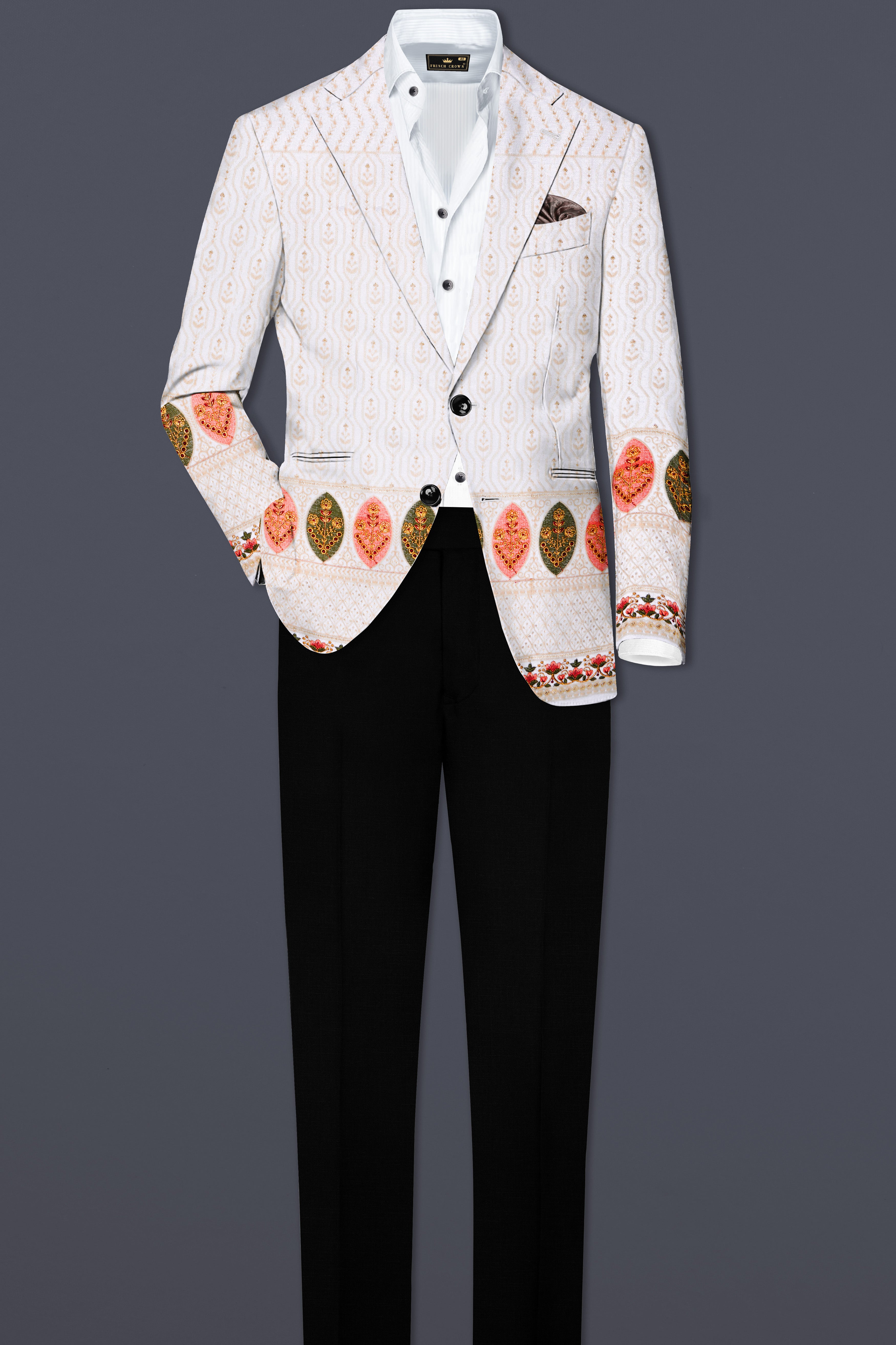 Bright White And Blush Peach Multicolor Sequin and thread leaf Embroidered Single Breasted Suit