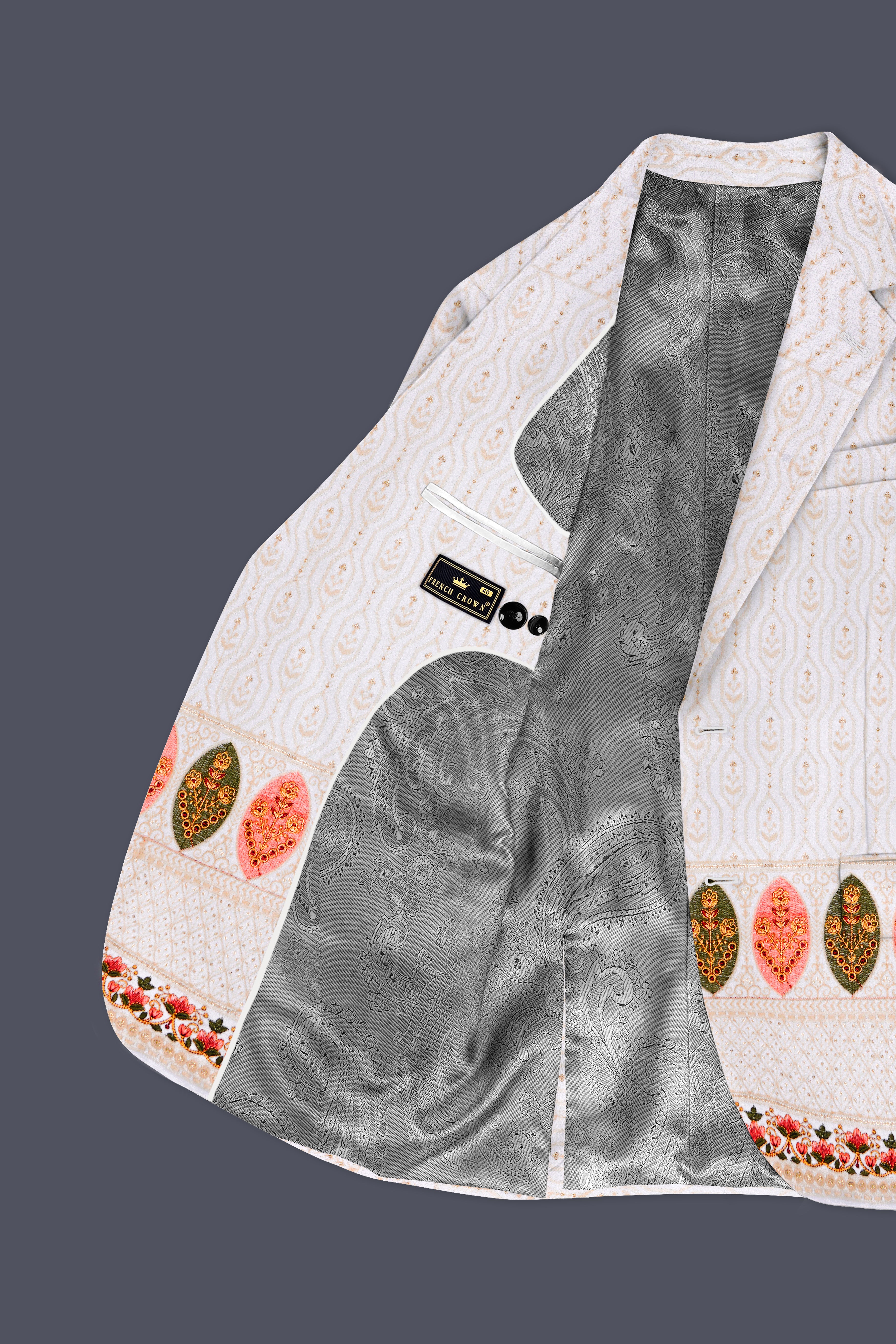Bright White And Blush Peach Multicolor Sequin and thread leaf Embroidered Single Breasted Suit