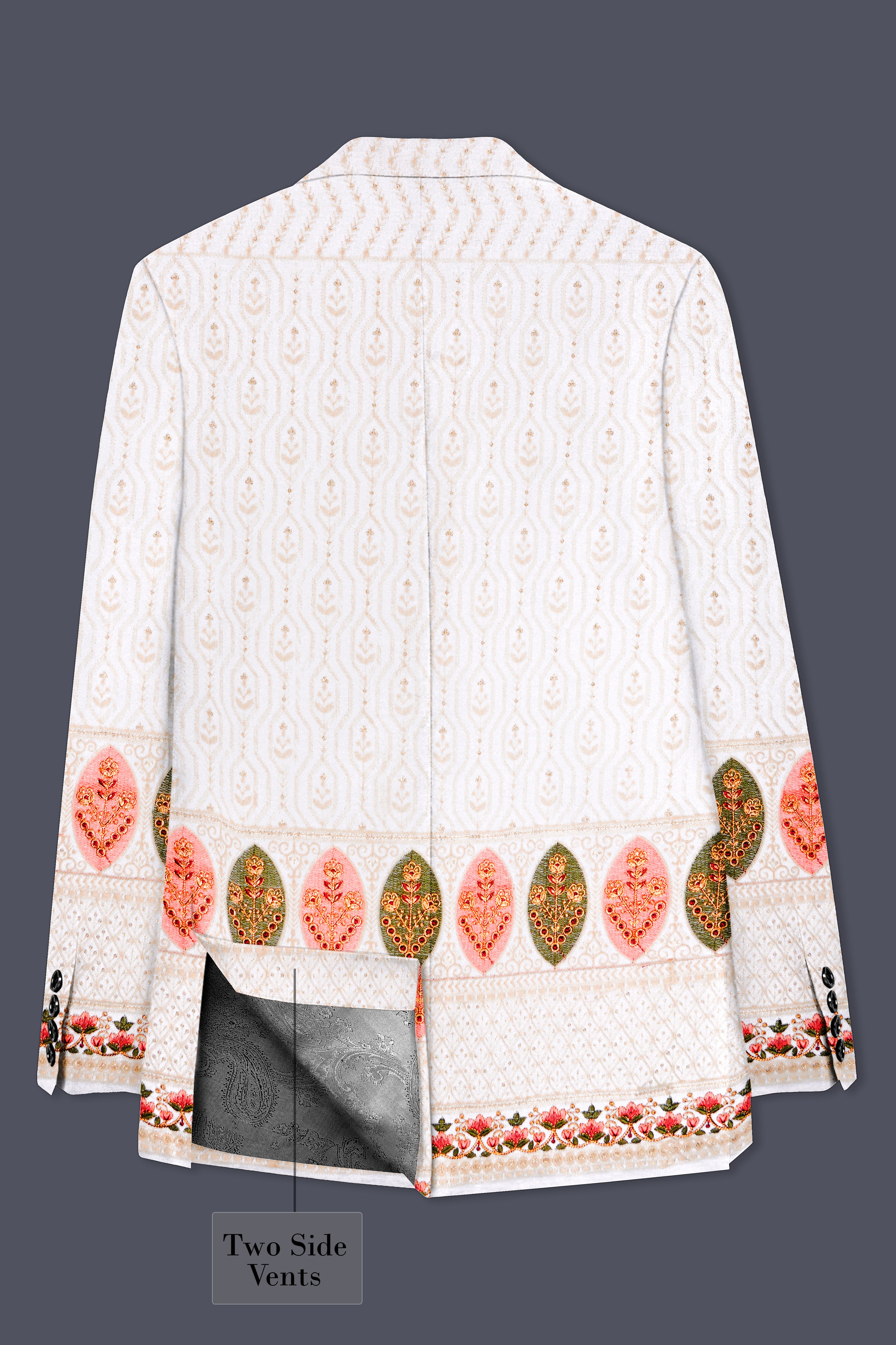 Bright White And Blush Peach Multicolor Sequin and thread leaf Embroidered Single Breasted Suit