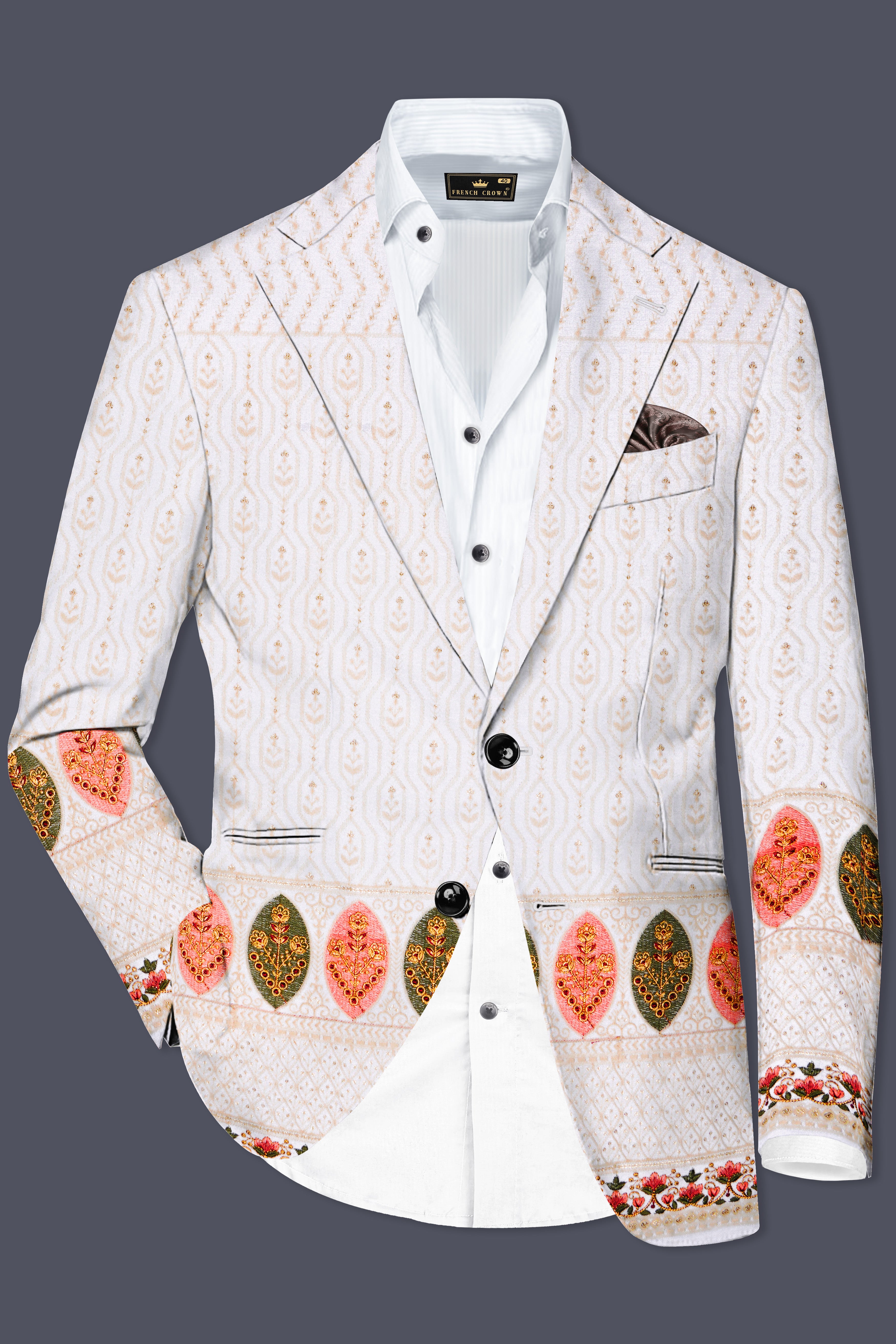 Bright White And Blush Peach Multicolor Sequin and thread leaf Embroidered Single Breasted Suit
