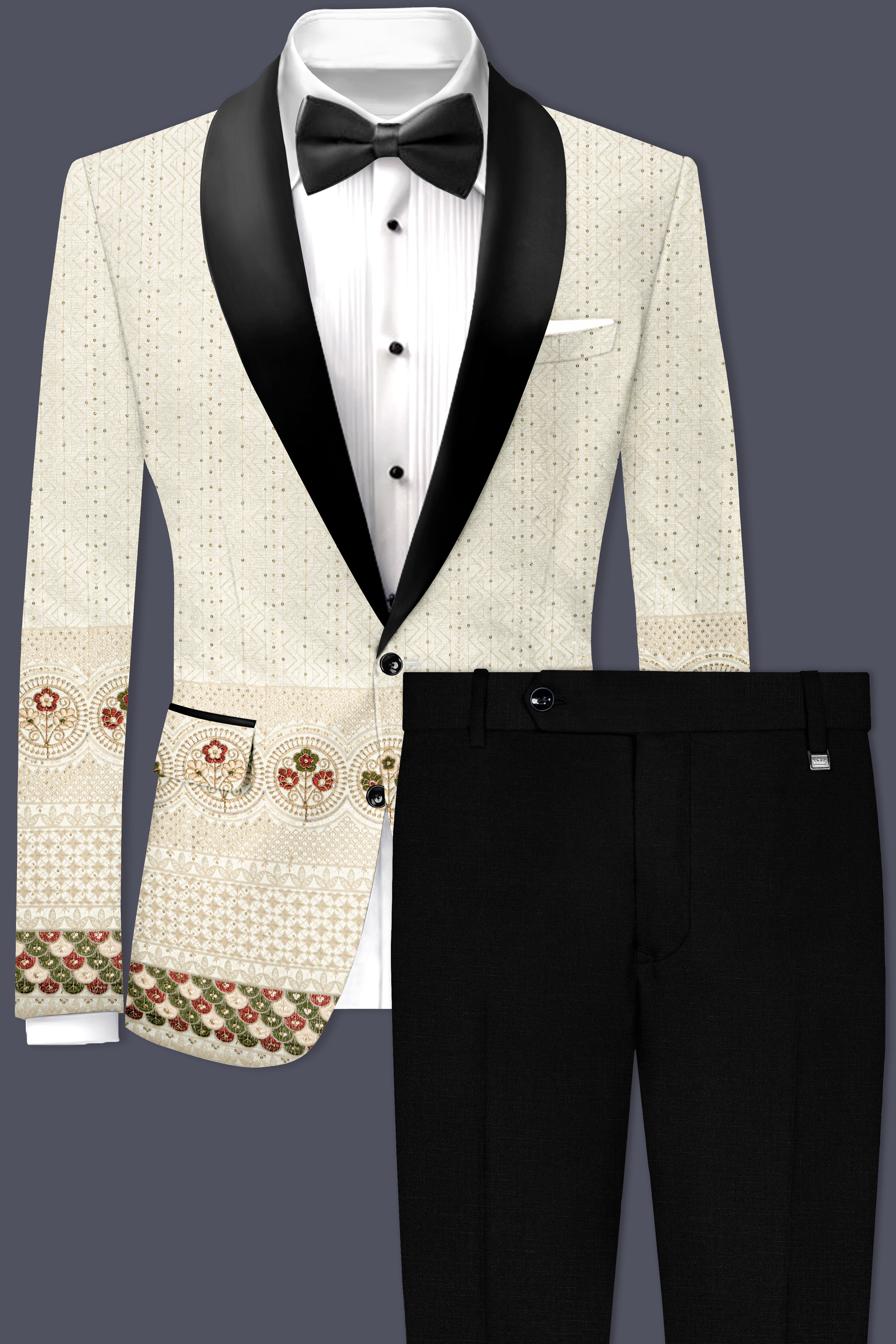 Off White And Blush Peach Multicolor Sequin and thread Embroidered Tuxedo Suit