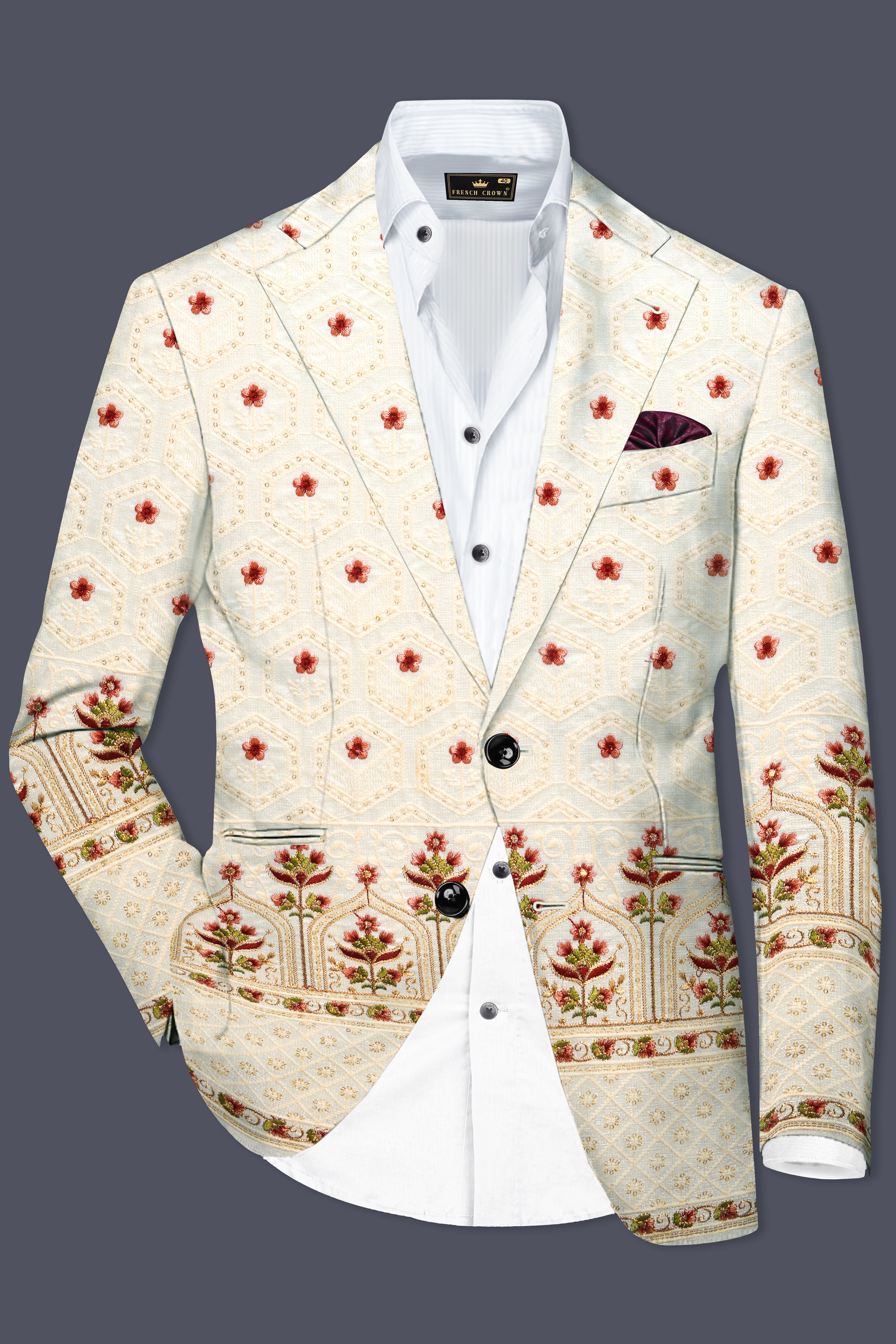 Off White And Saratoga Green Multicolor Sequin and thread Embroidered Single Breasted Suit