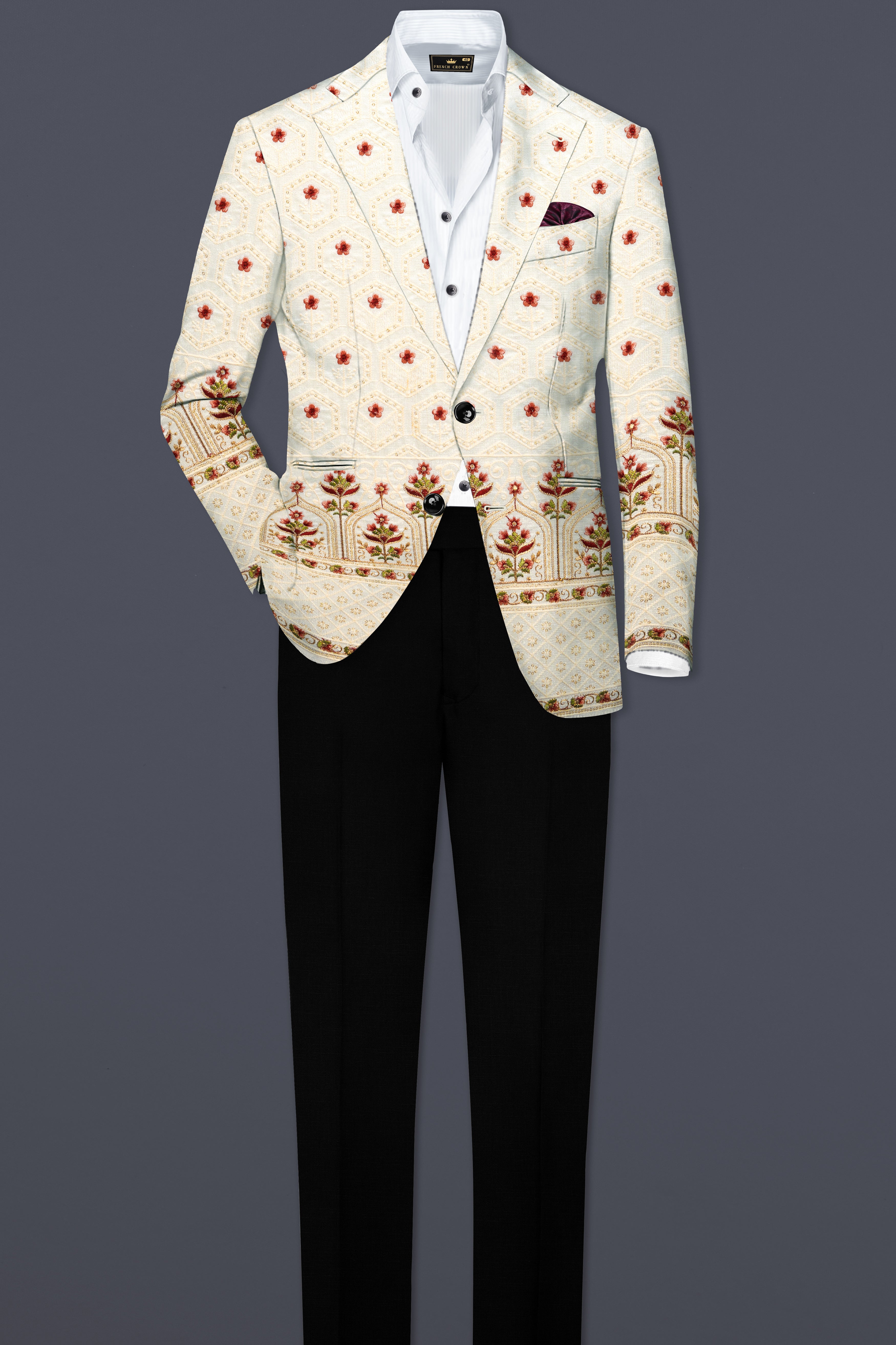 Off White And Saratoga Green Multicolor Sequin and thread Embroidered Single Breasted Suit