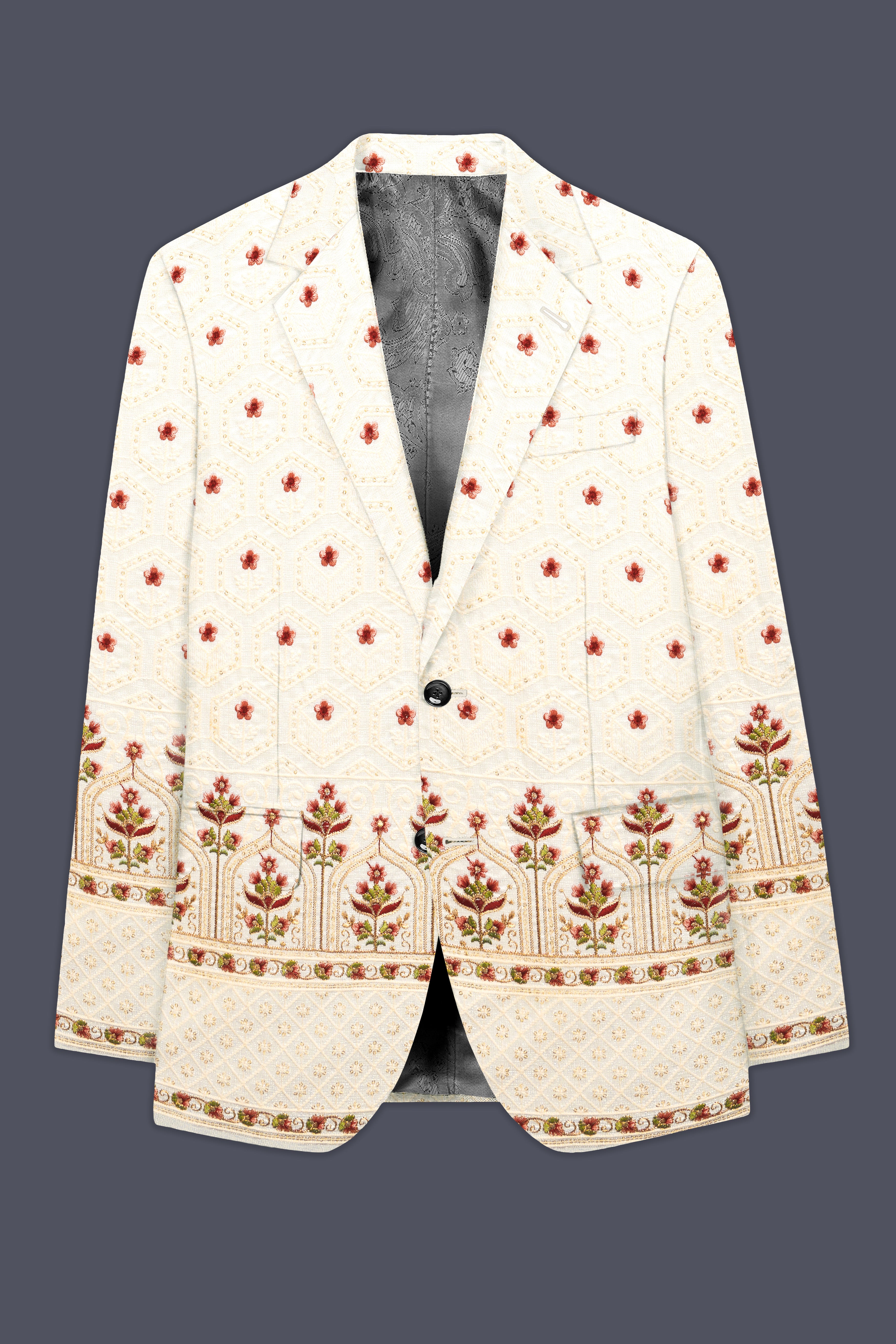 Off White And Saratoga Green Multicolor Sequin and thread Embroidered Single Breasted Suit