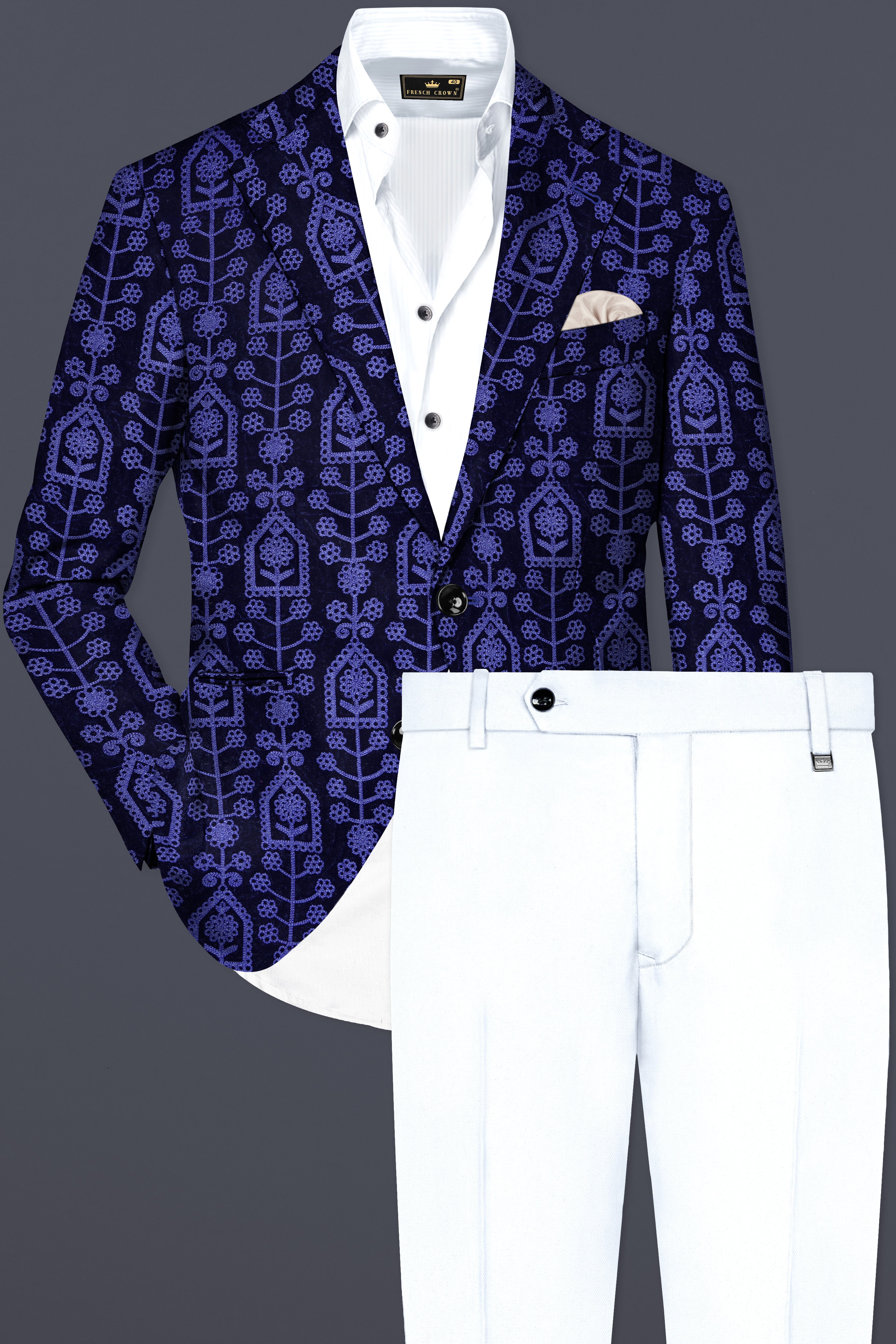 Gigas Blue Thread Work Embroidered Velvet Single Breasted Suit
