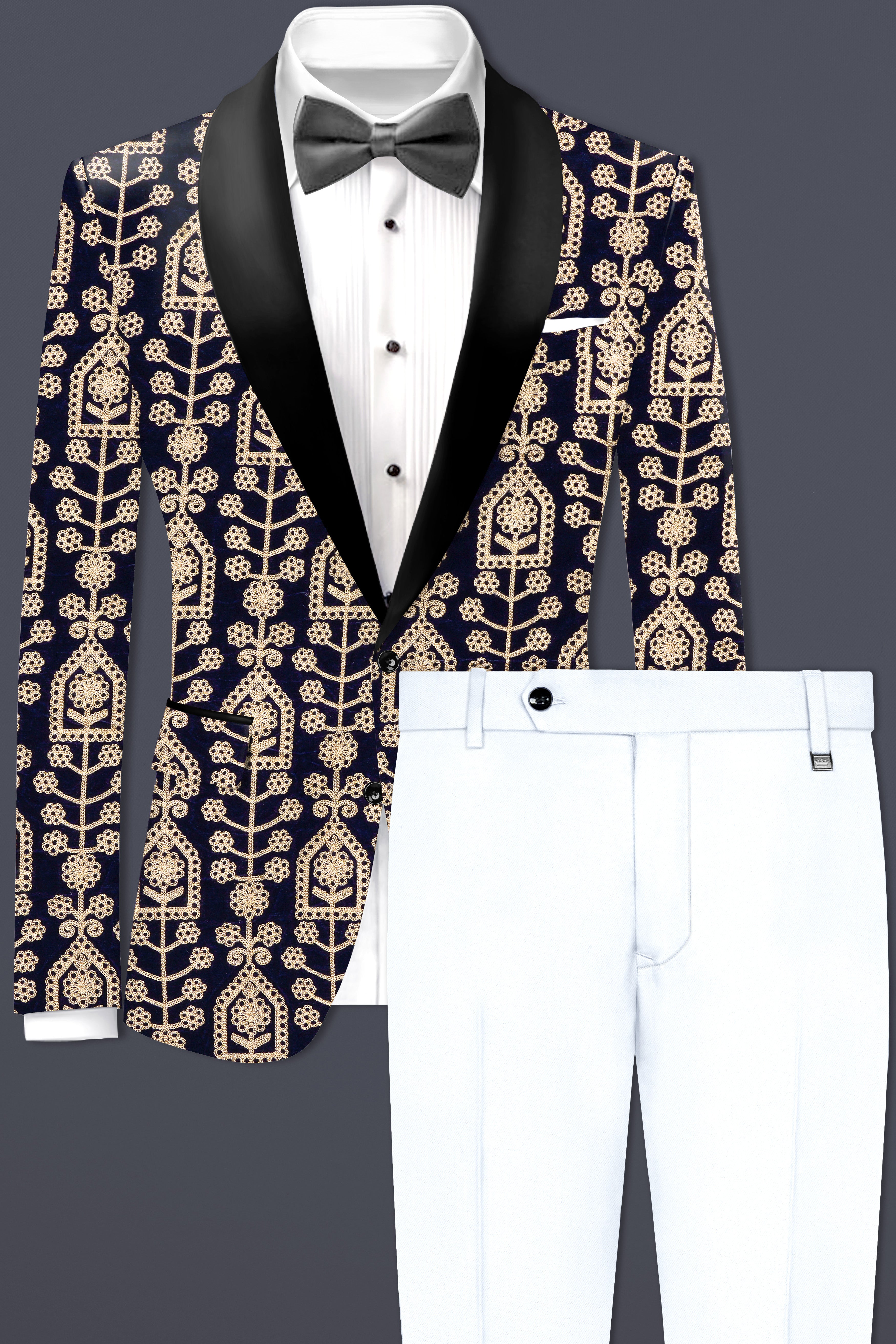 Navy Blue Thread Work Embroidered Tuxedo Velvet Suit