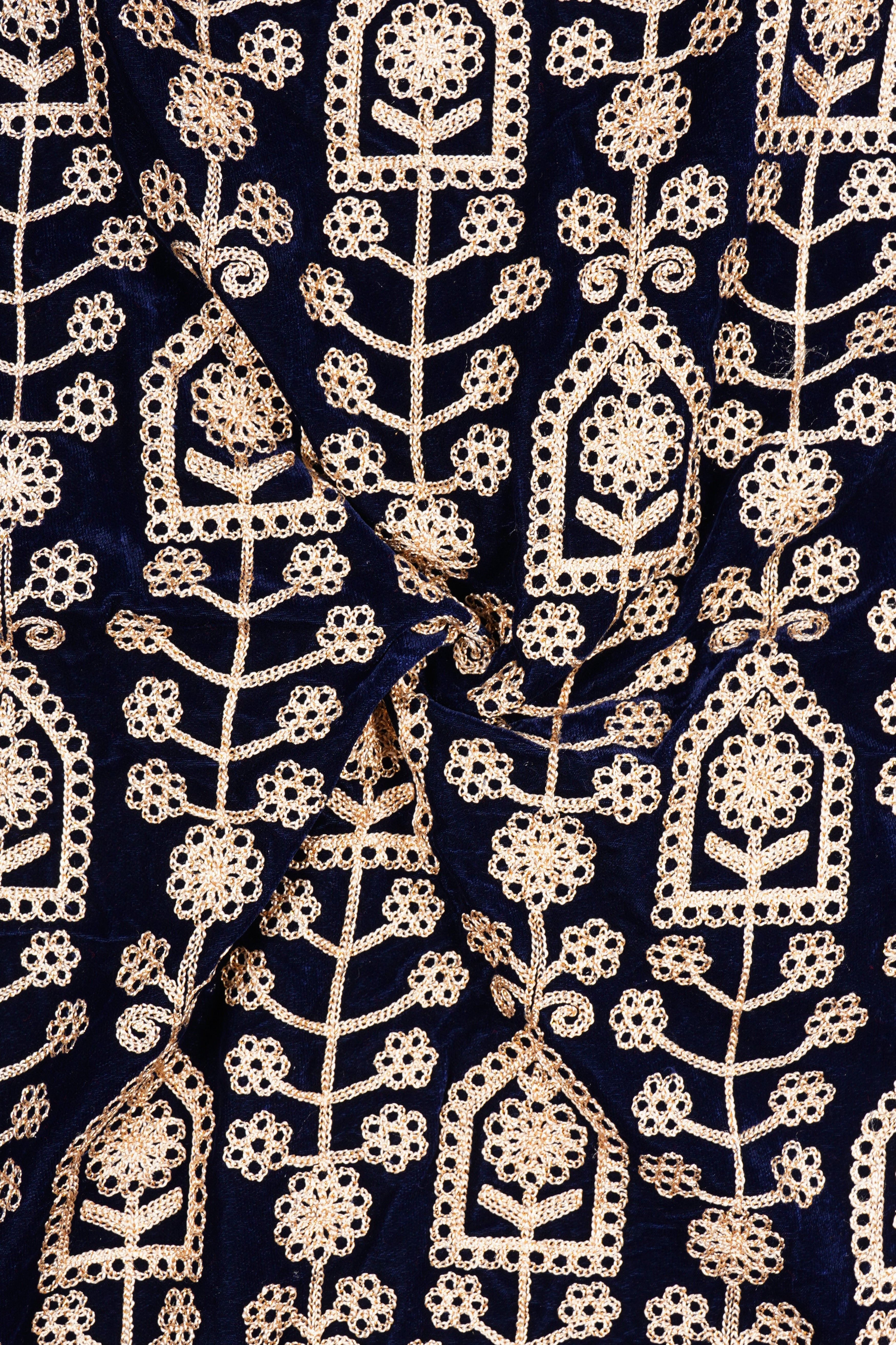 Navy Blue Thread Work Embroidered Tuxedo Velvet Suit