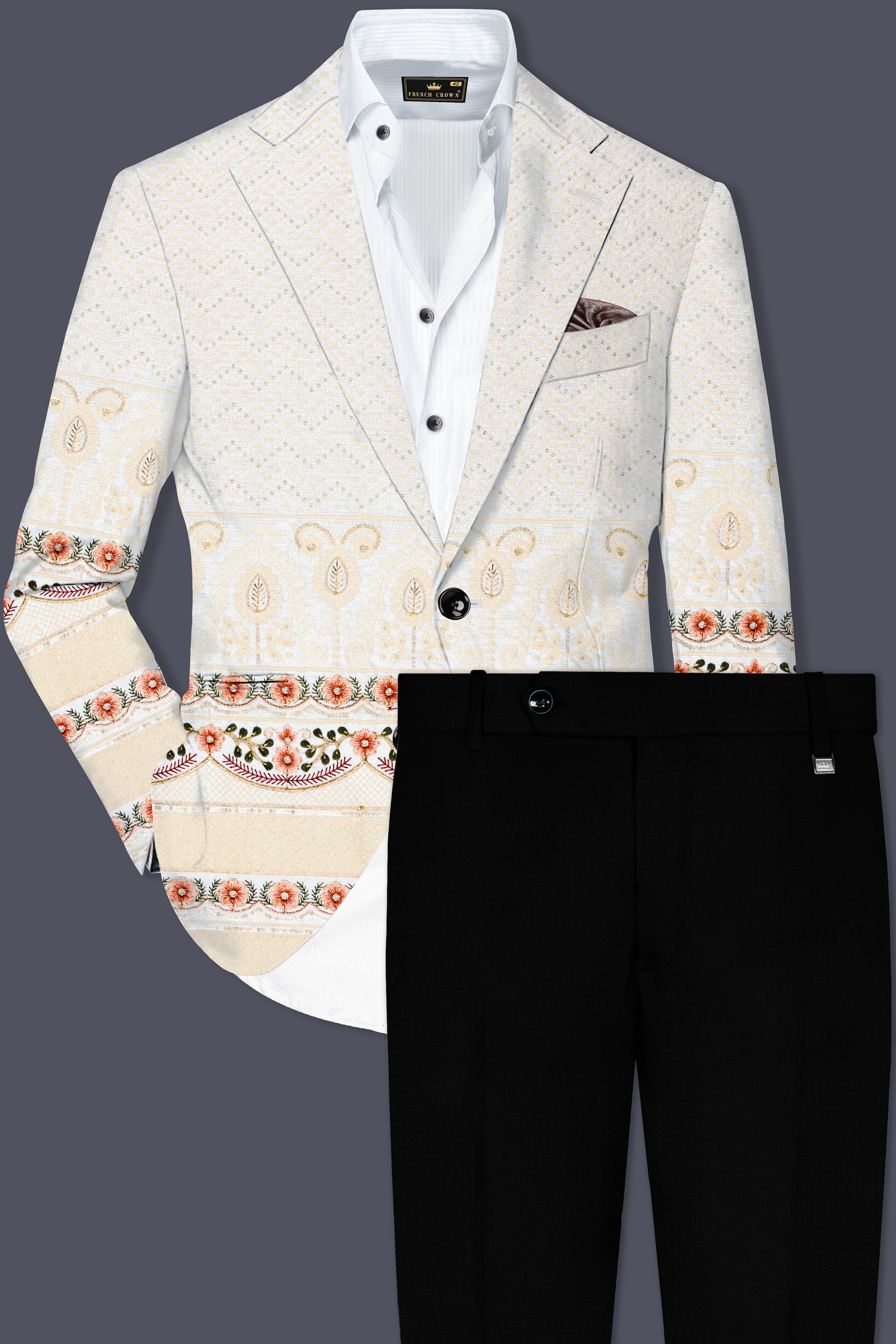 Off White And ApricotPeach Multicolor Sequin and thread Embroidered Single Breasted Suit