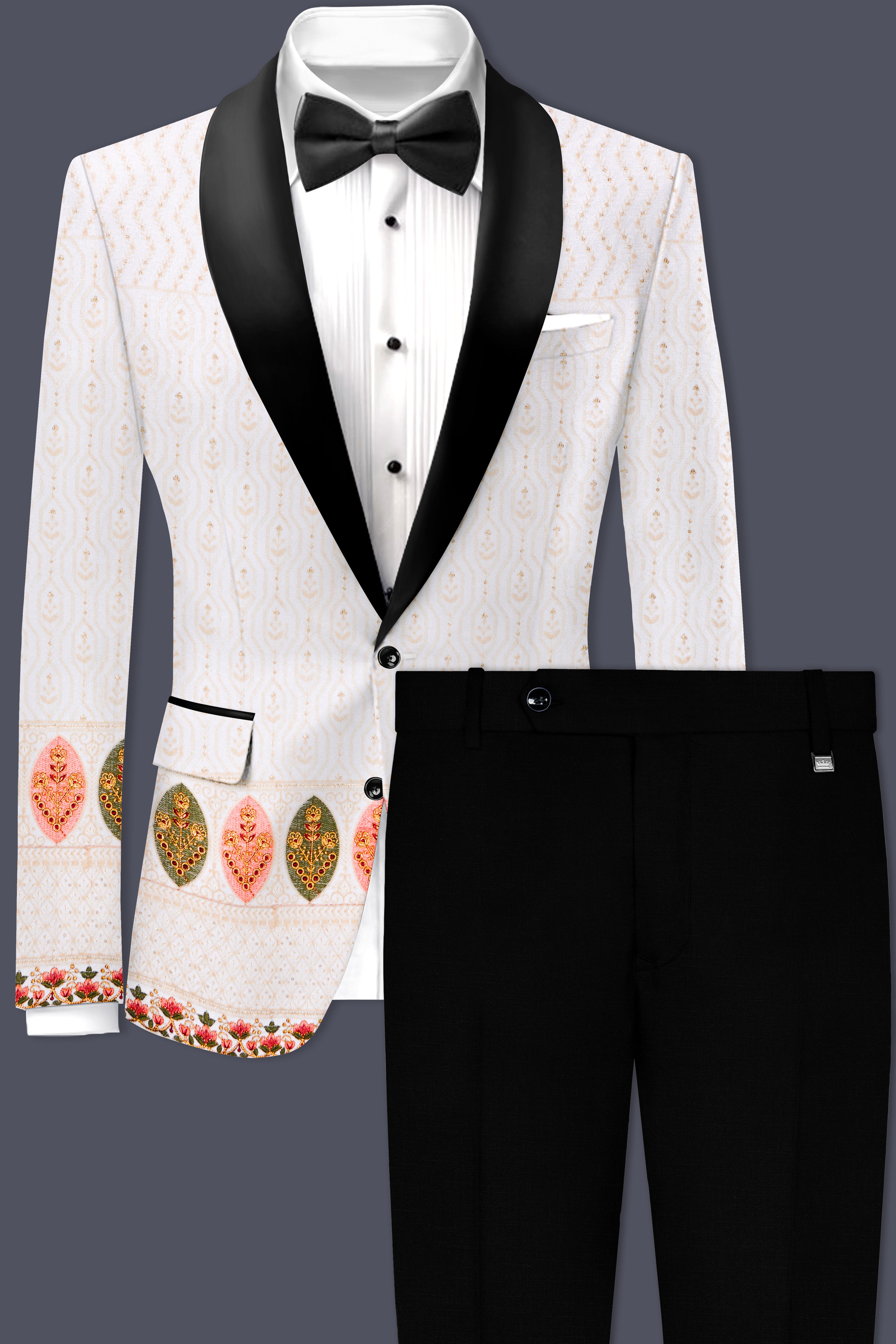 Bright White And Blush Peach Multicolor Sequin and thread leaf Embroidered Tuxedo Suit