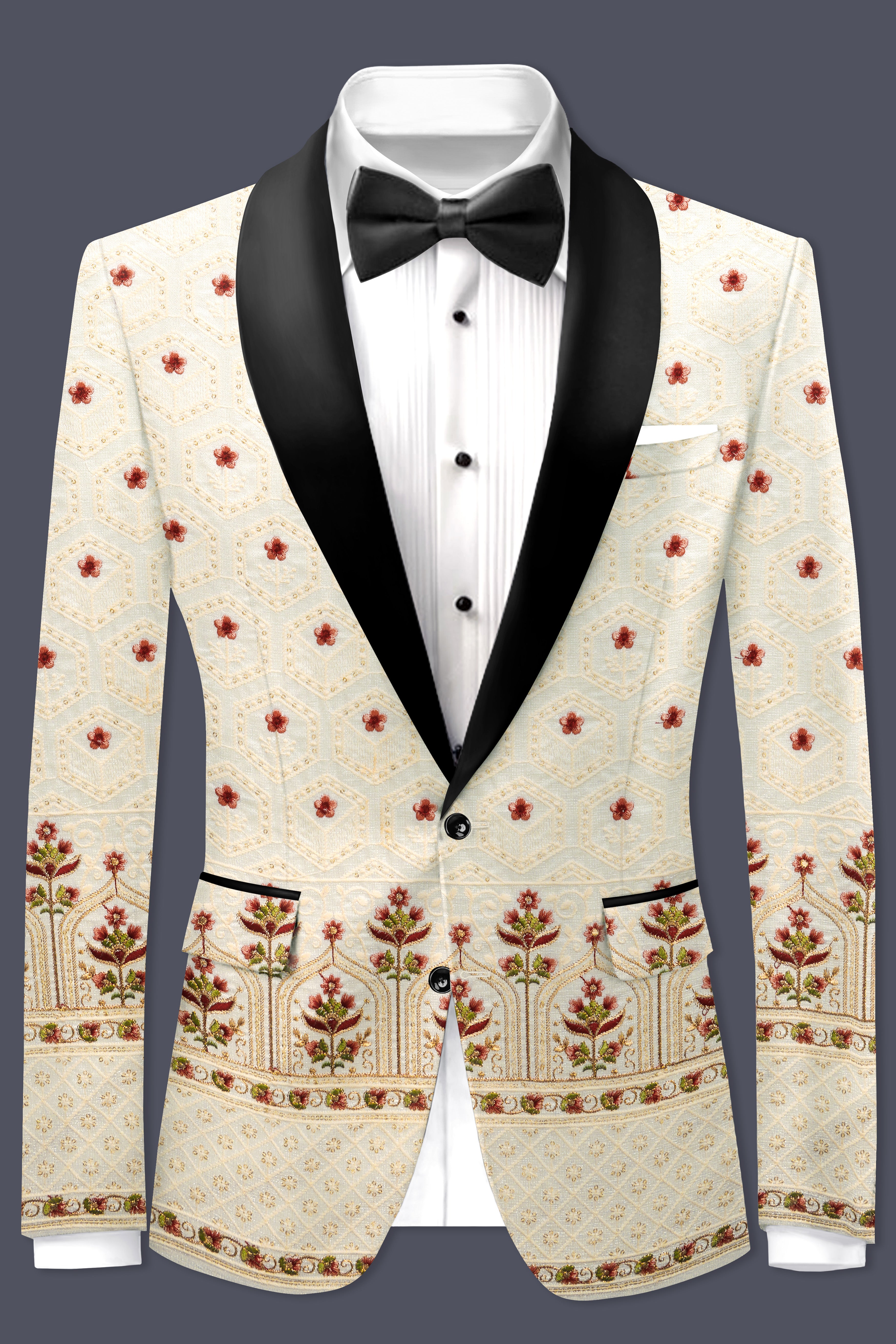 Off White And Saratoga Green Multicolor Sequin and thread Embroidered Tuxedo Suit