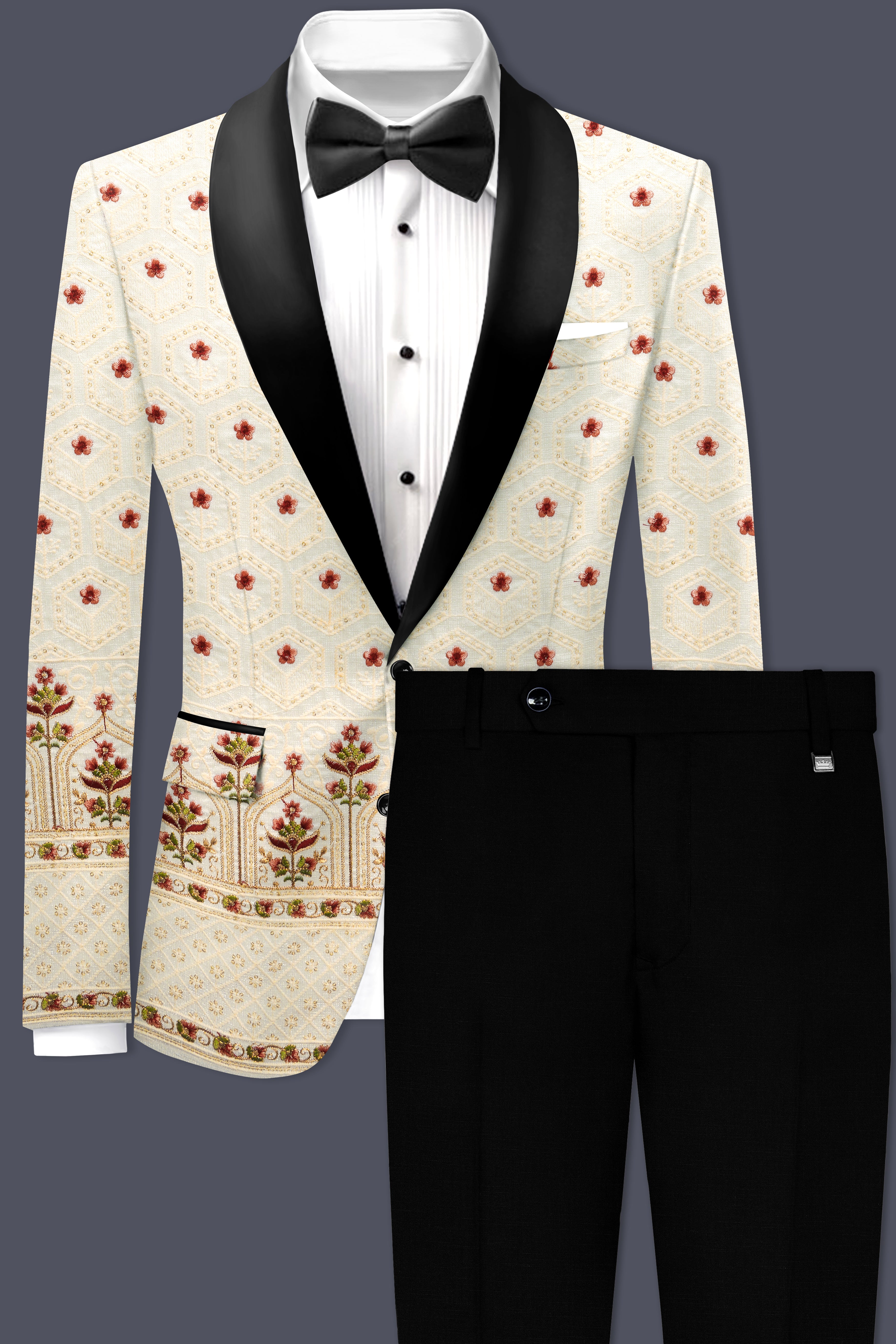 Off White And Saratoga Green Multicolor Sequin and thread Embroidered Tuxedo Suit