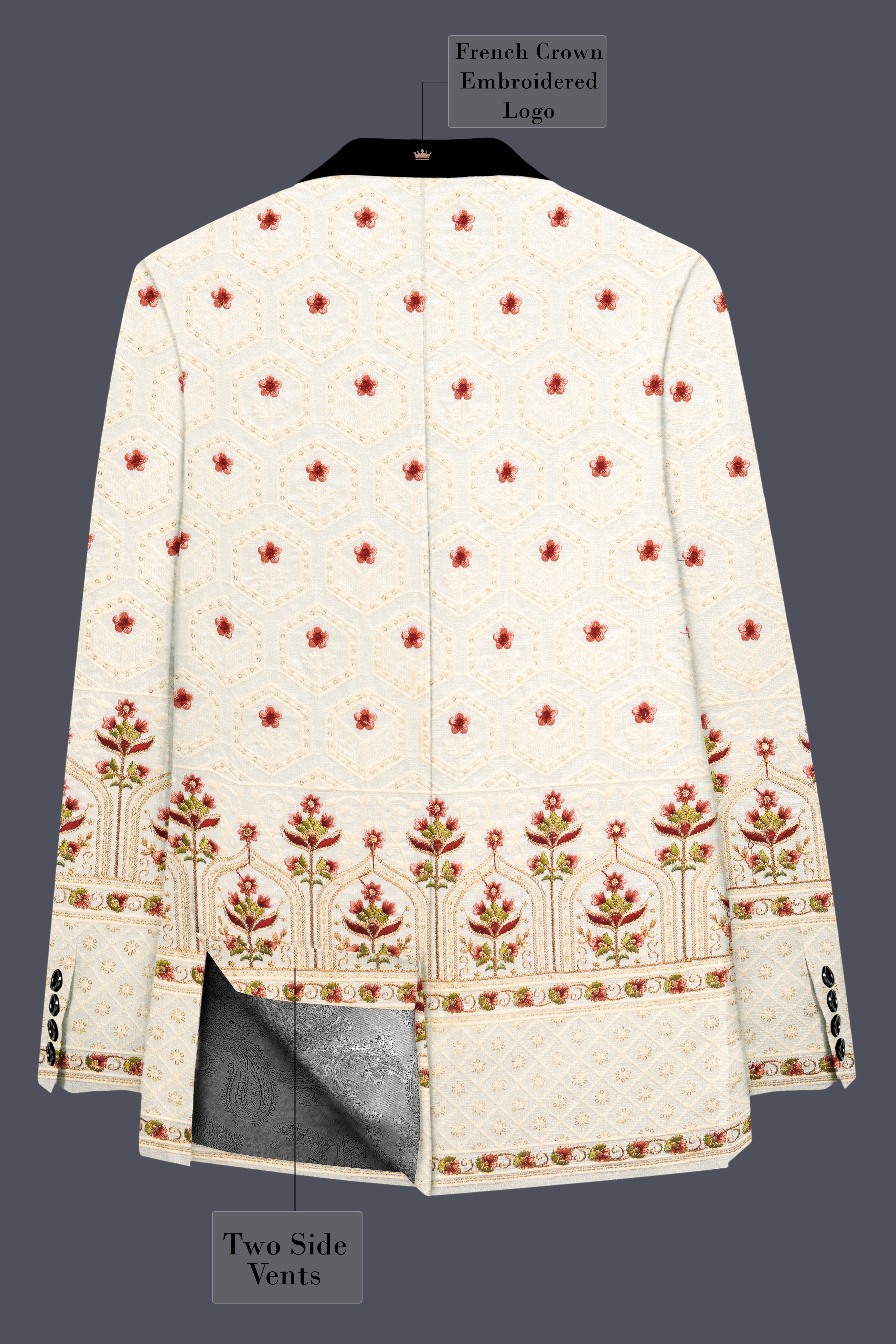 Off White And Saratoga Green Multicolor Sequin and thread Embroidered Tuxedo Suit