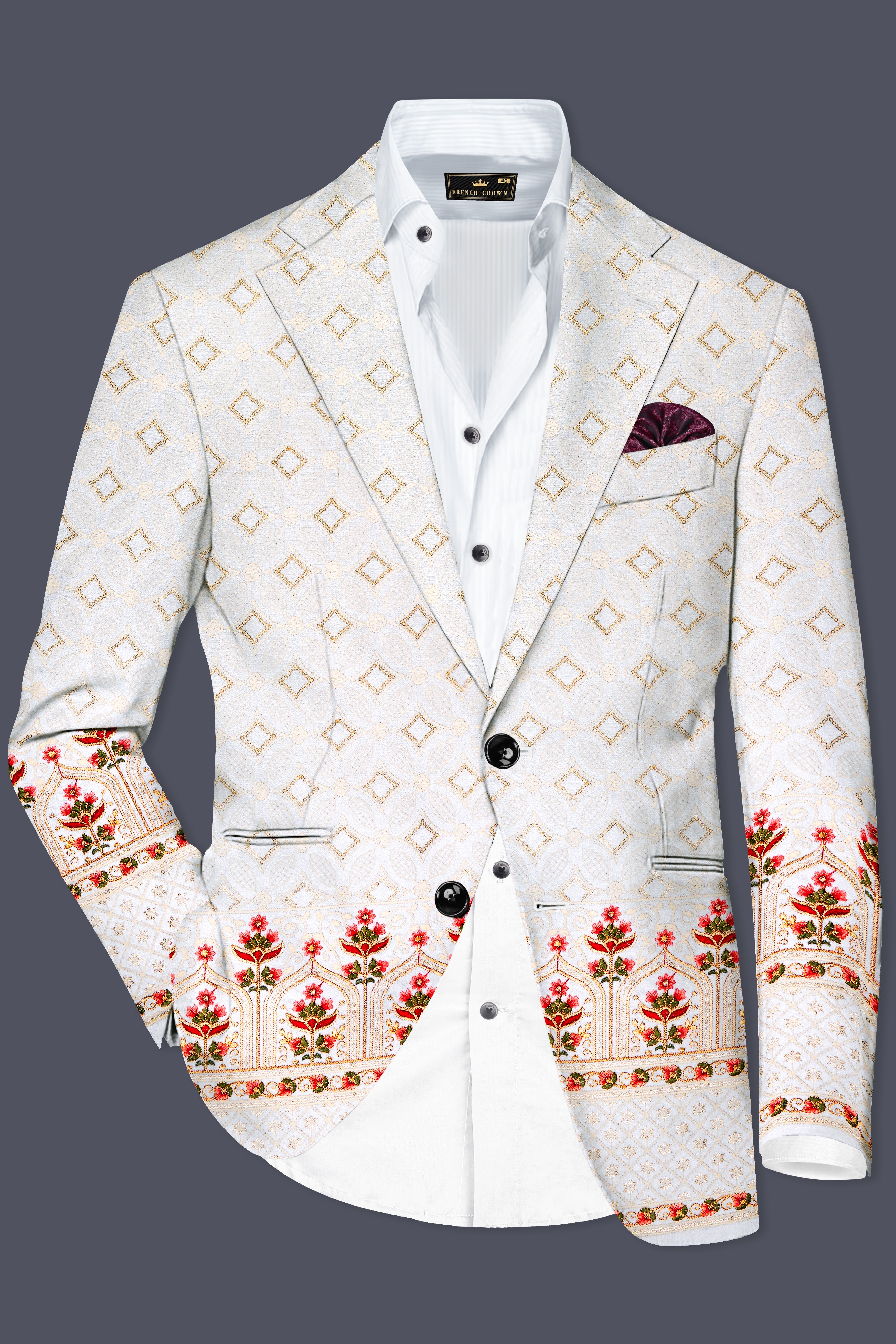 Bright White And Carnation Pink Multicolor Sequin and thread Embroidered Single Breasted Suit