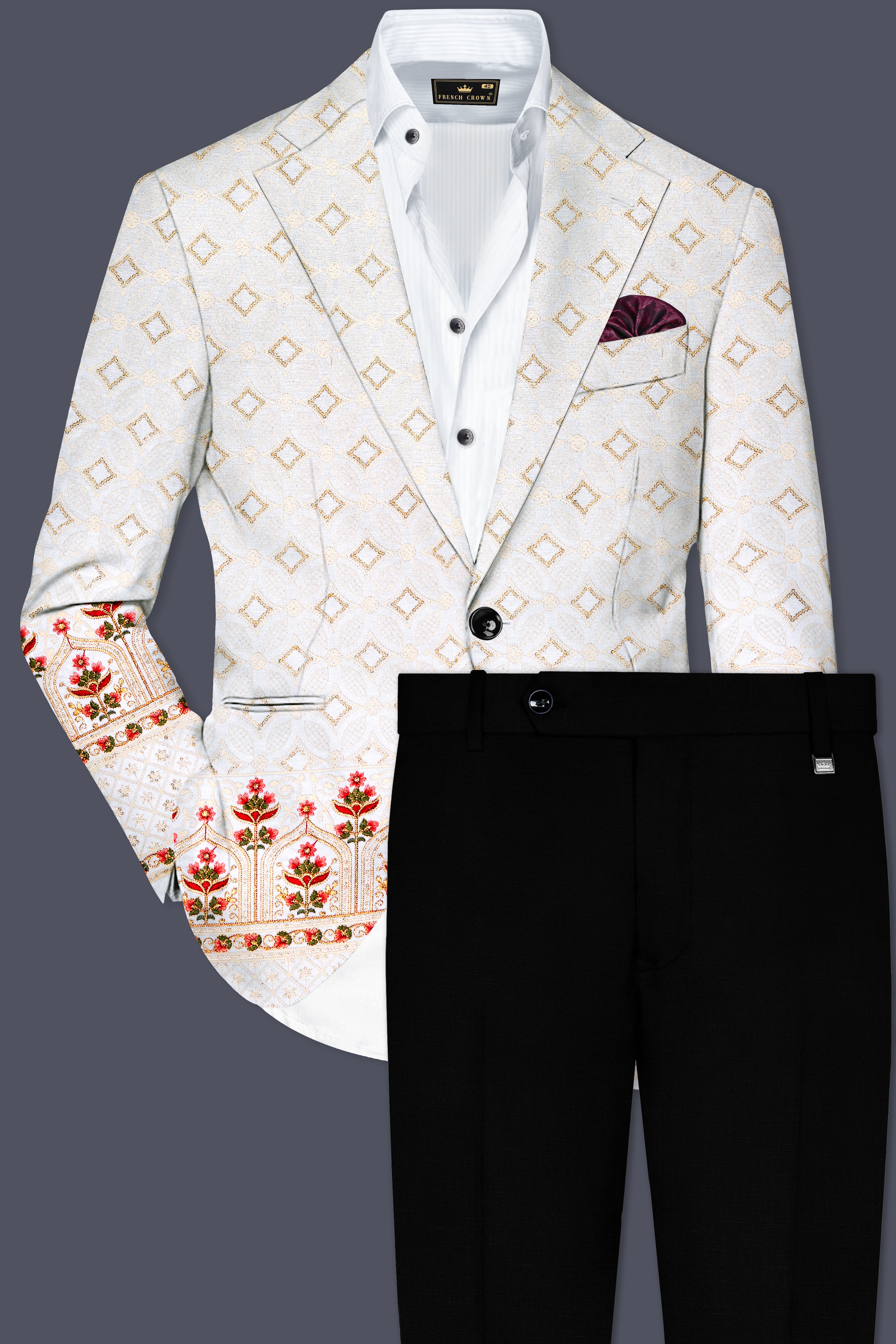 Bright White And Carnation Pink Multicolor Sequin and thread Embroidered Single Breasted Suit
