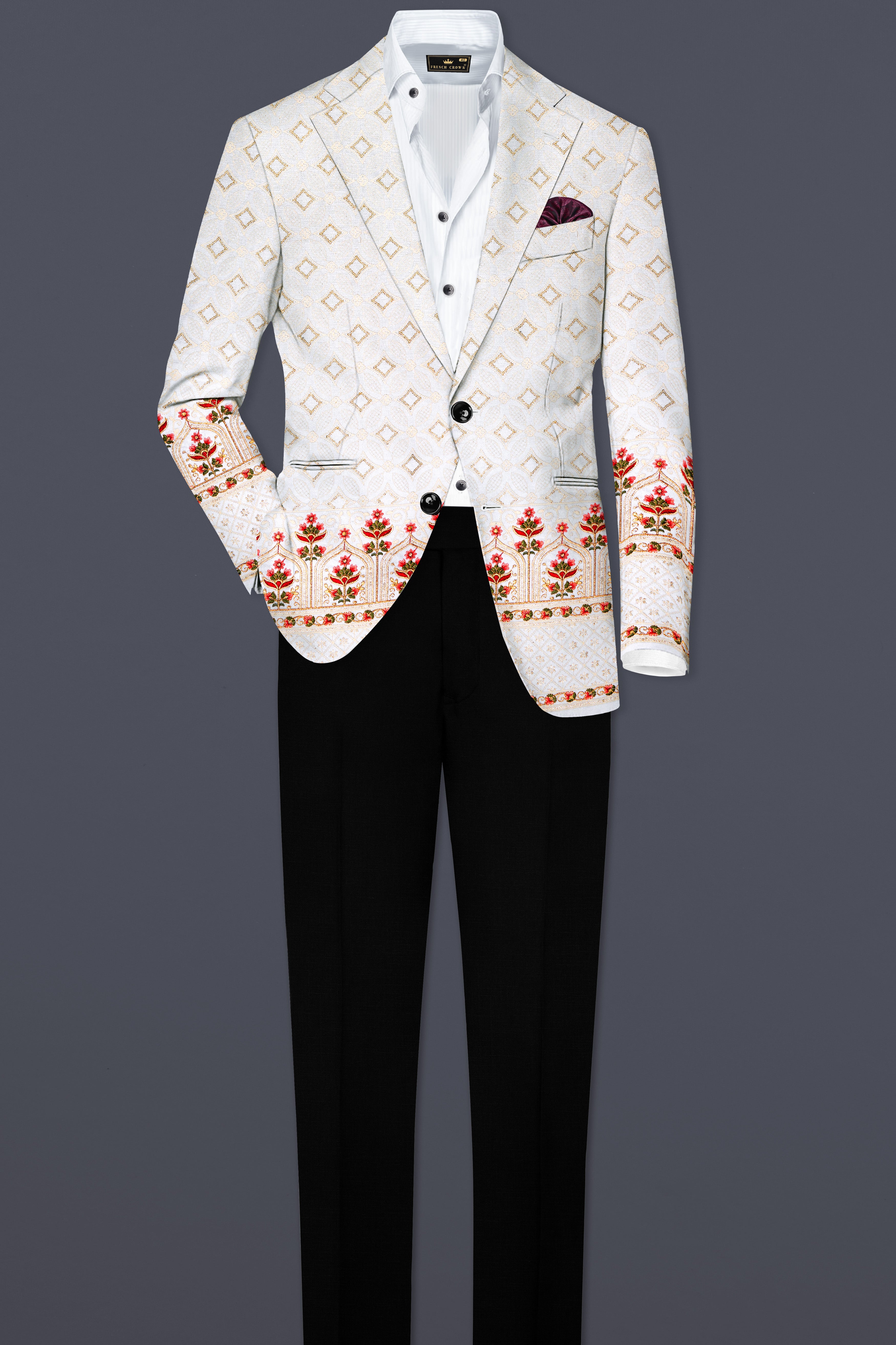Bright White And Carnation Pink Multicolor Sequin and thread Embroidered Single Breasted Suit