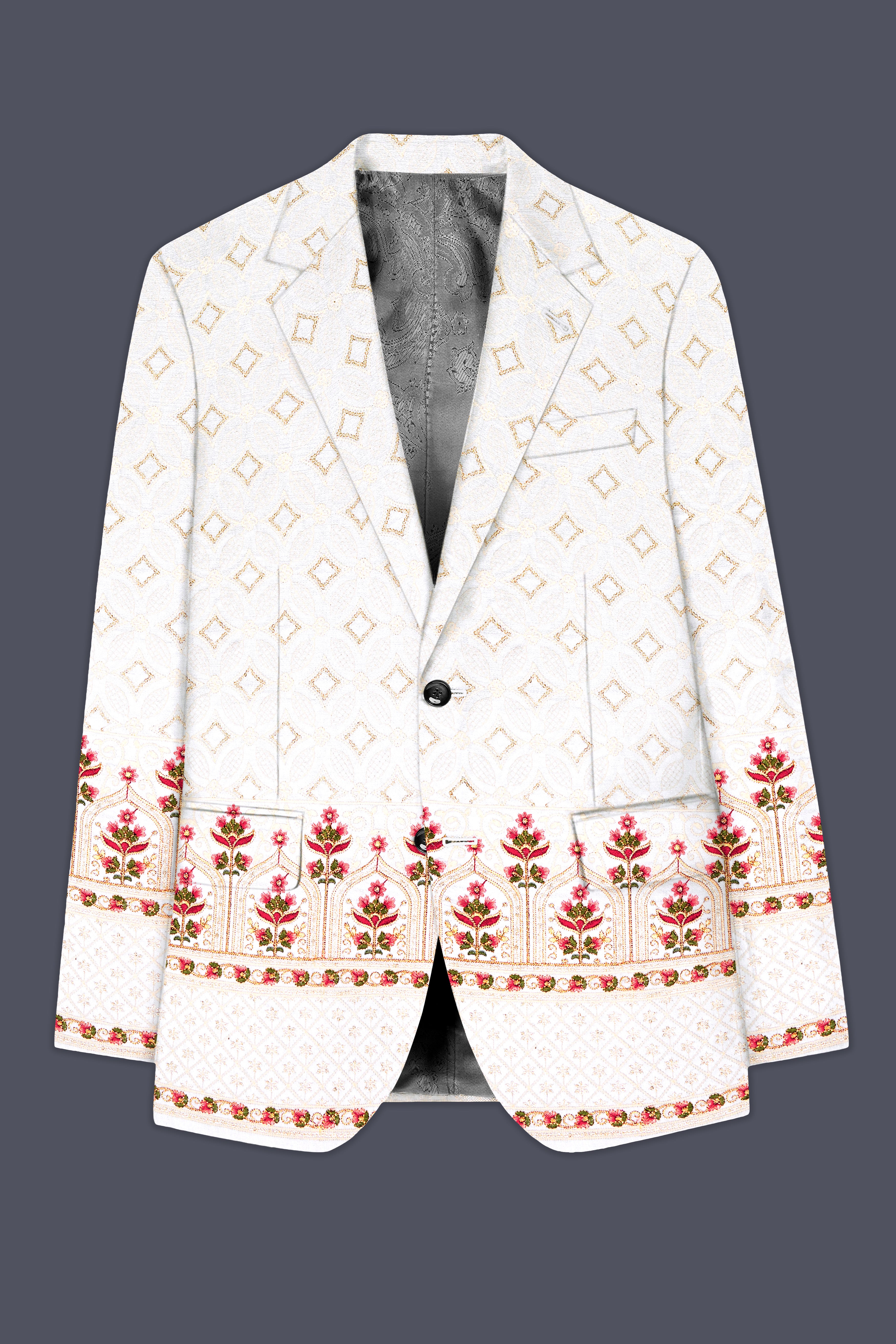 Bright White And Carnation Pink Multicolor Sequin and thread Embroidered Single Breasted Suit