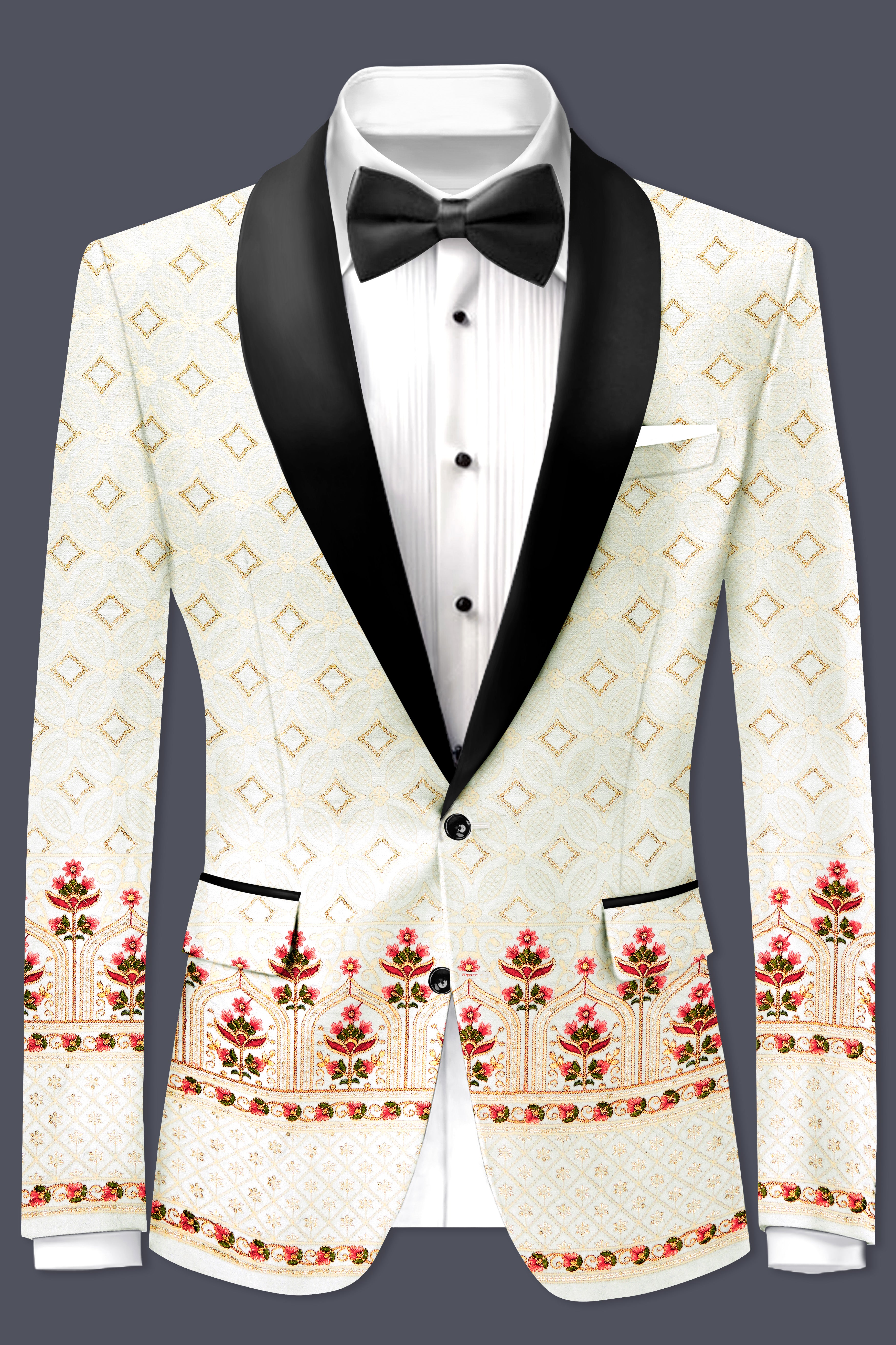 Off White And Sunset Pink Flower Multicolor Sequin and thread Embroidered Tuxedo Suit