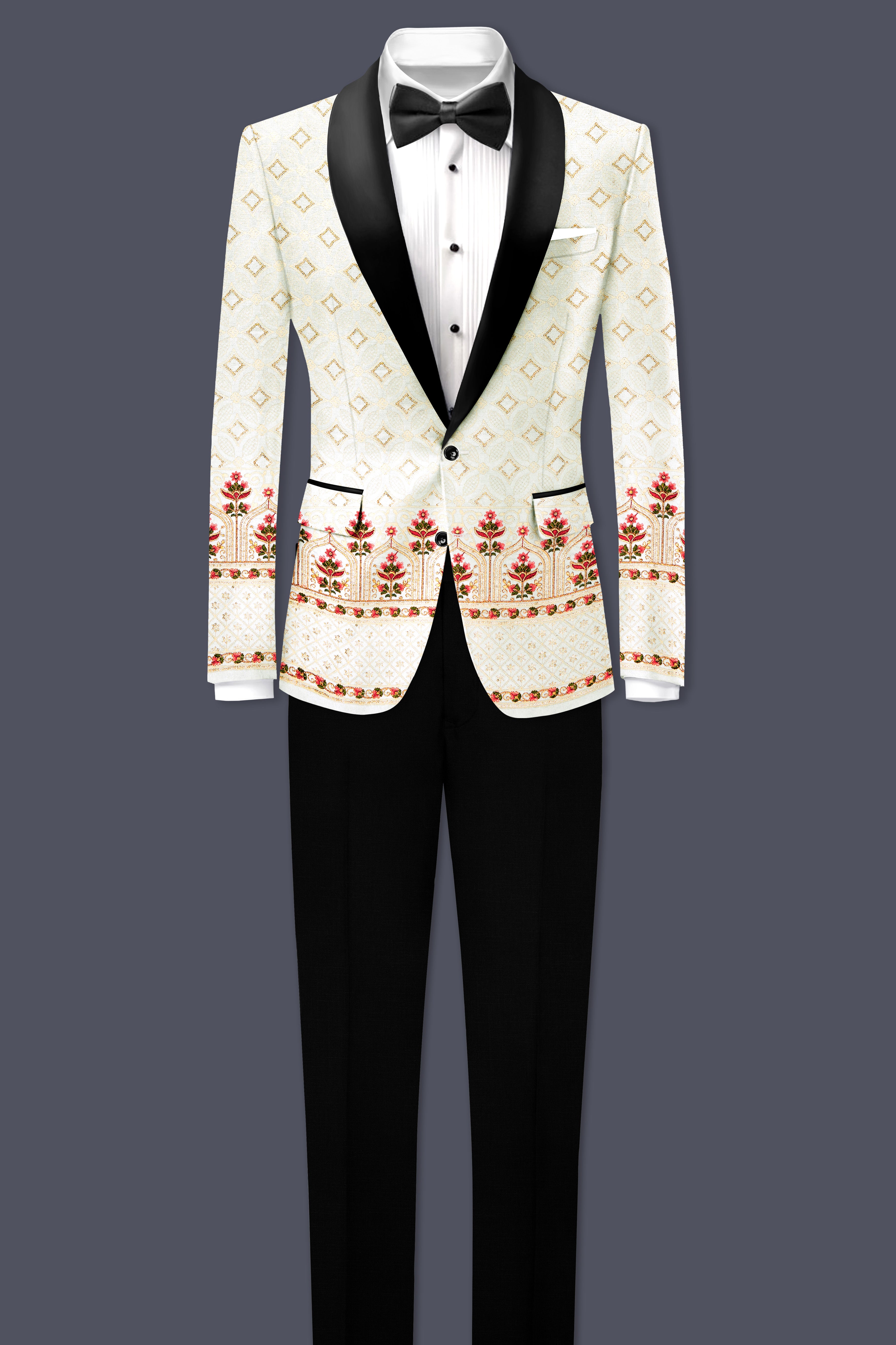 Off White And Sunset Pink Flower Multicolor Sequin and thread Embroidered Tuxedo Suit