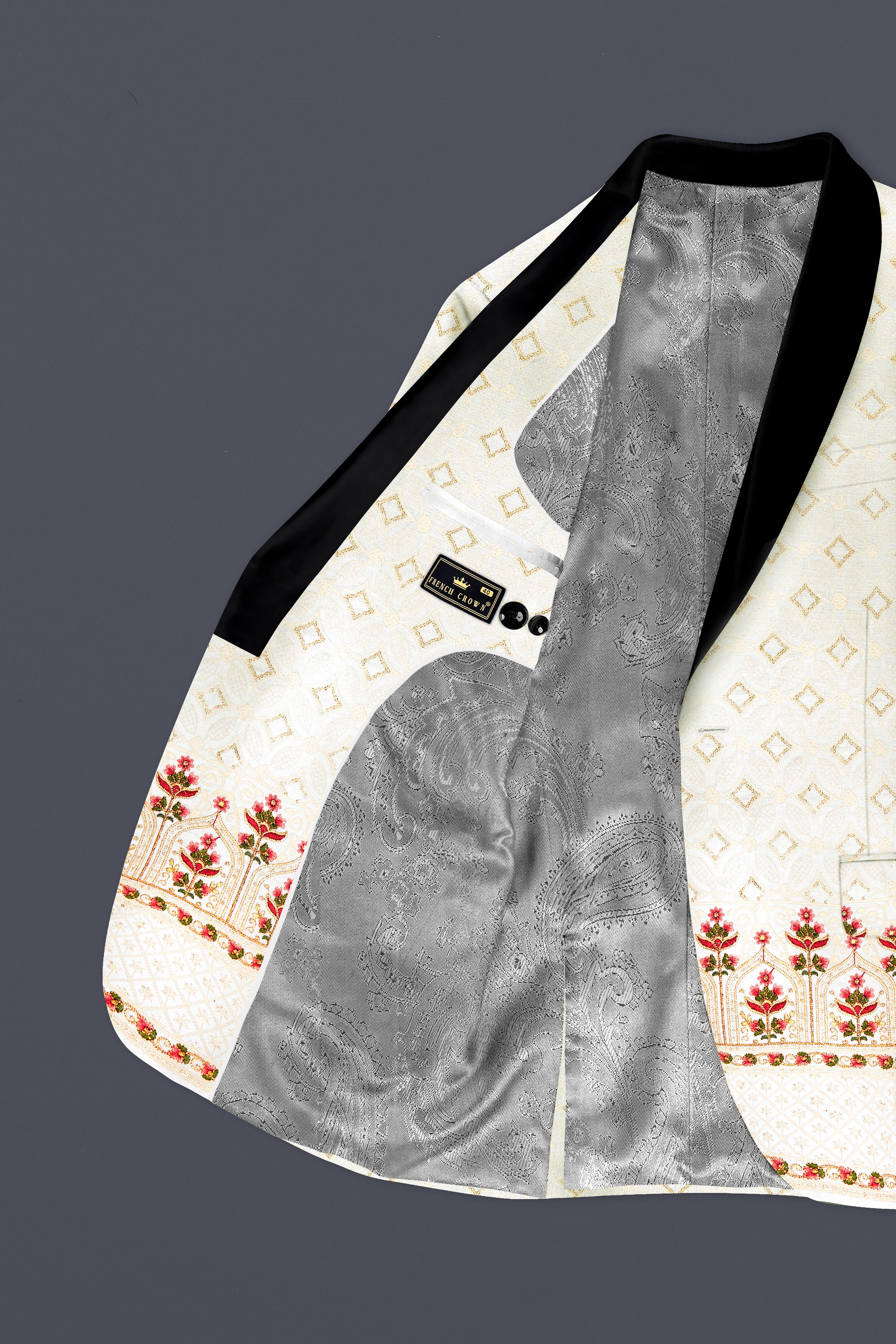 Off White And Sunset Pink Flower Multicolor Sequin and thread Embroidered Tuxedo Suit