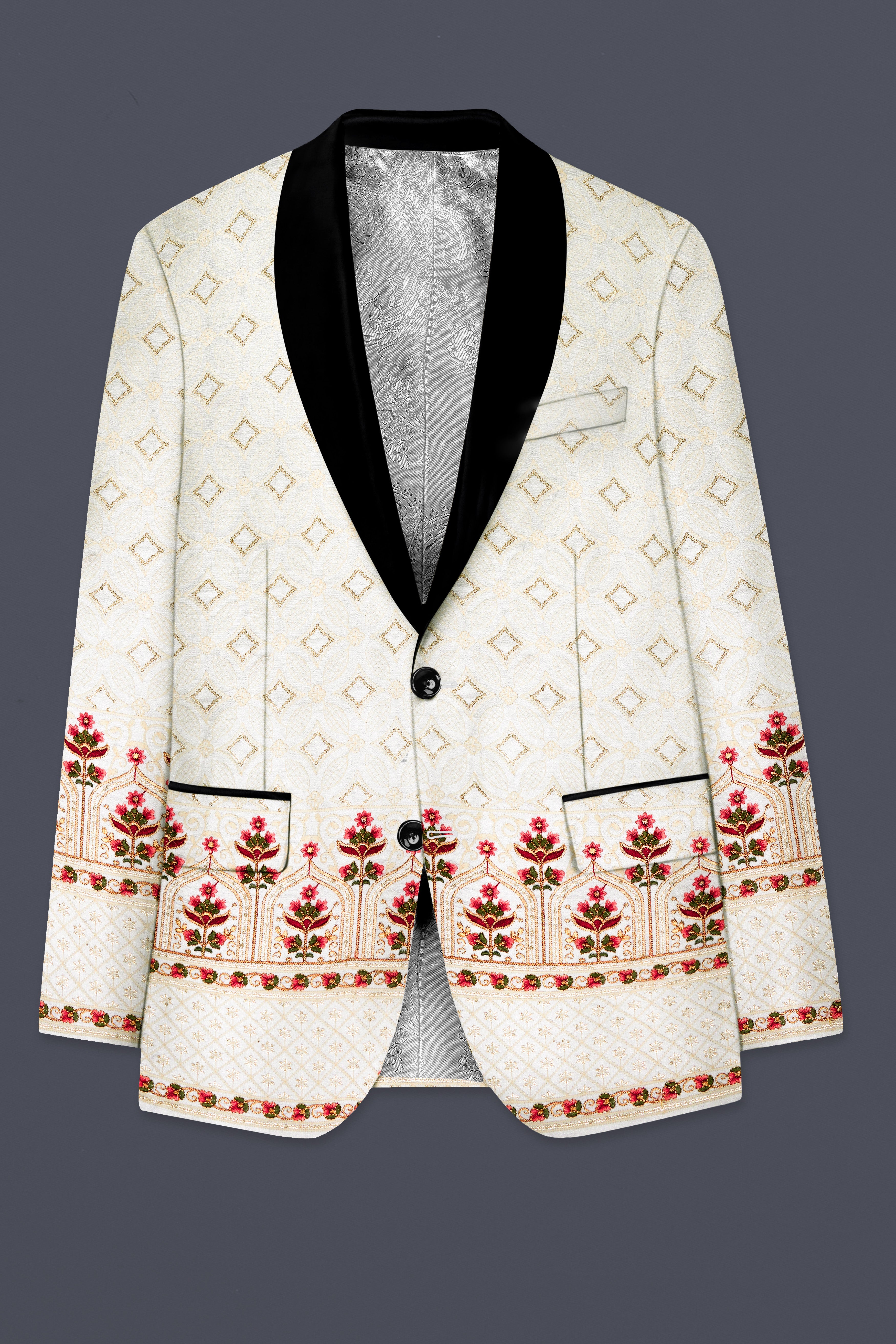 Off White And Sunset Pink Flower Multicolor Sequin and thread Embroidered Tuxedo Suit