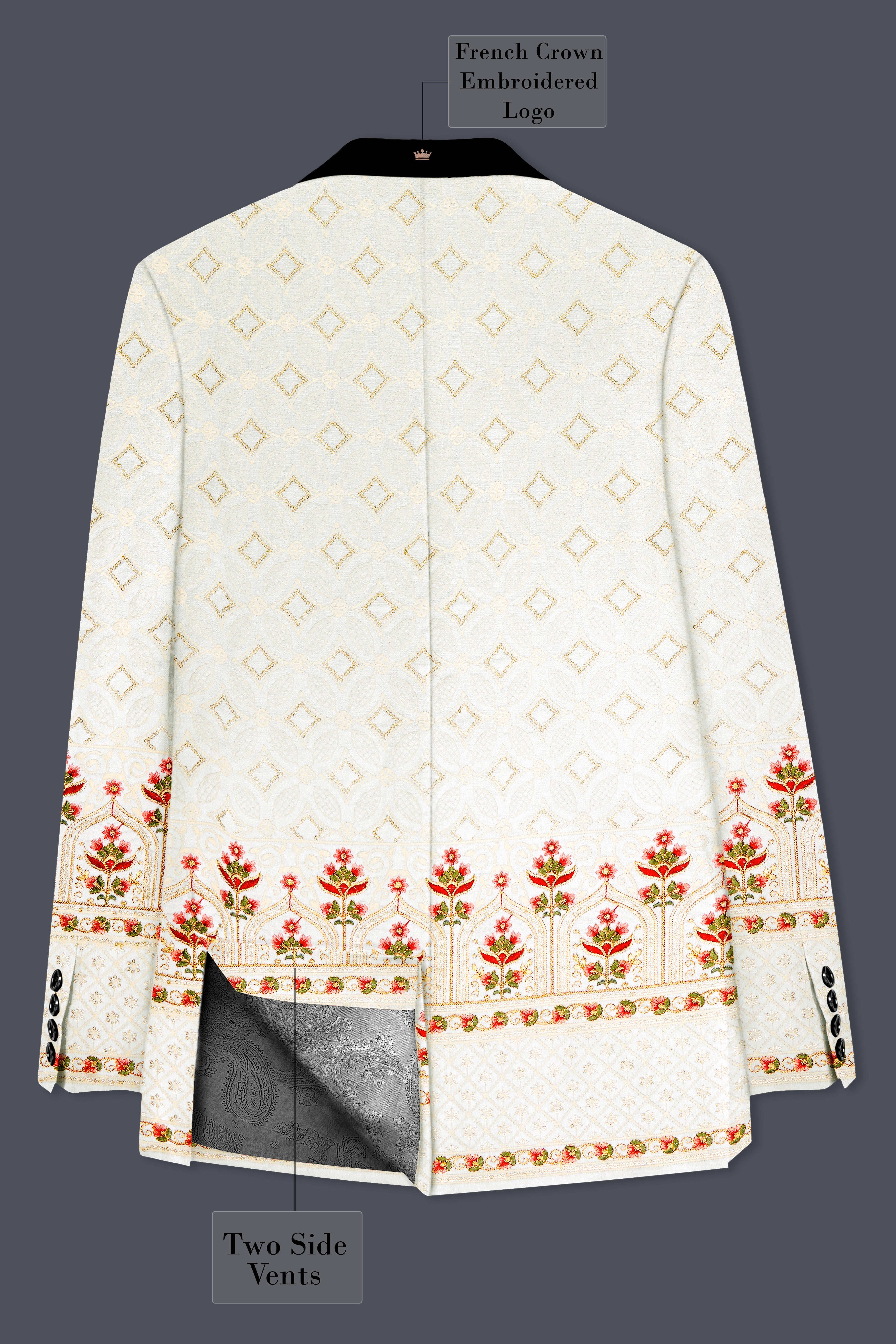 Off White And Sunset Pink Flower Multicolor Sequin and thread Embroidered Tuxedo Suit