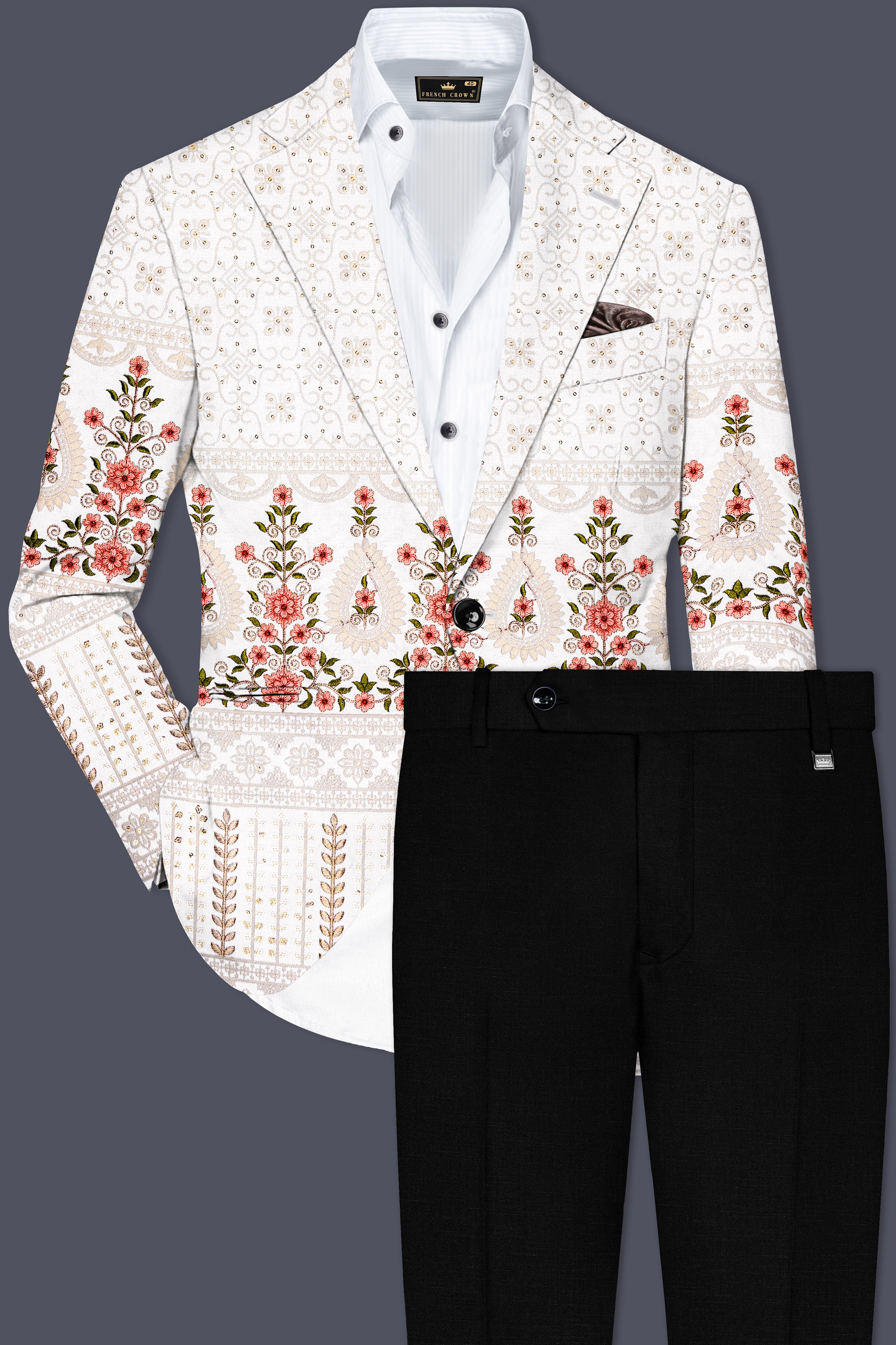 Romance White And Salmon Pink Sequin and thread Embroidered Single Breasted Suit