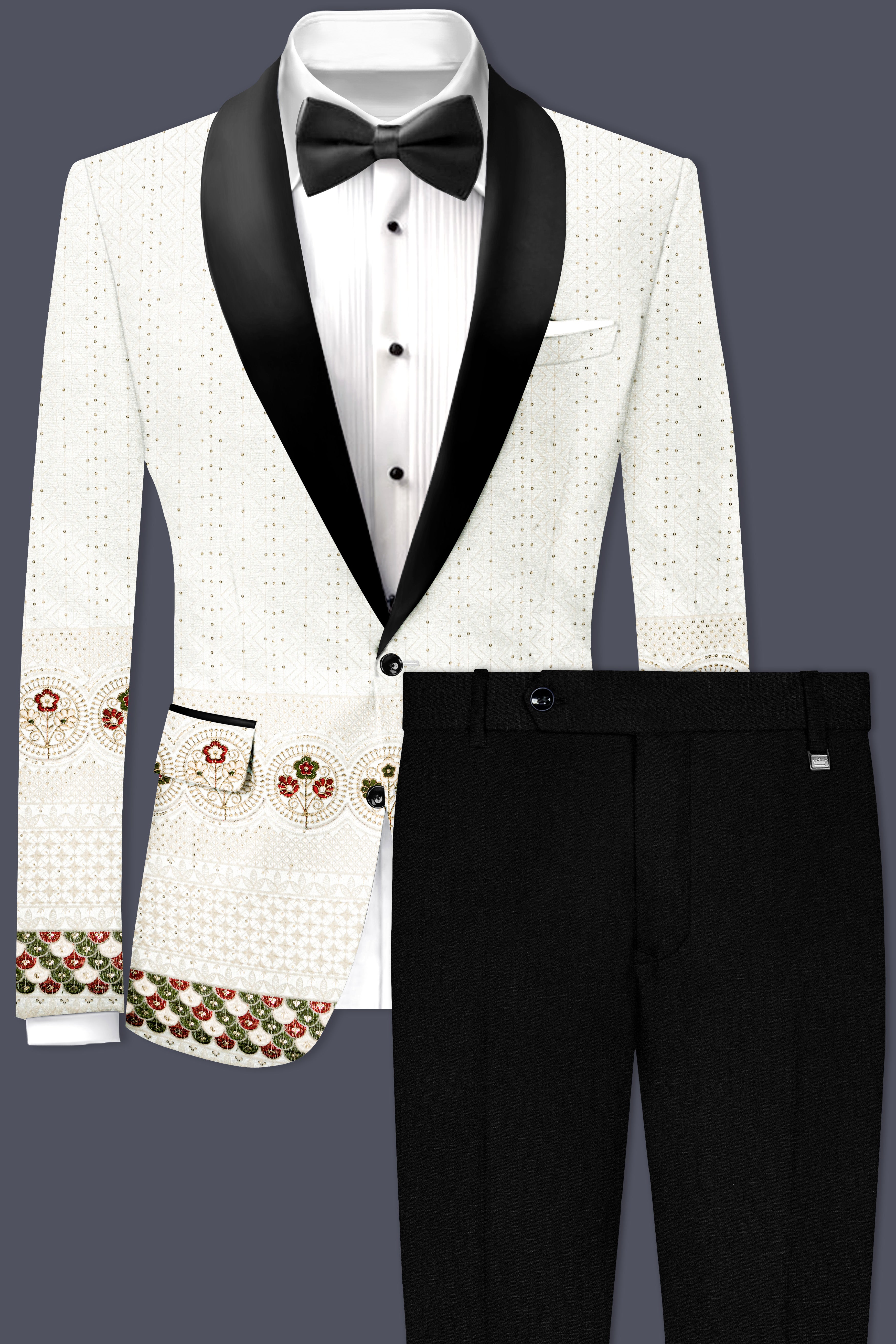 Off White And Metallic Red Multicolor Sequin and thread Embroidered Tuxedo Suit