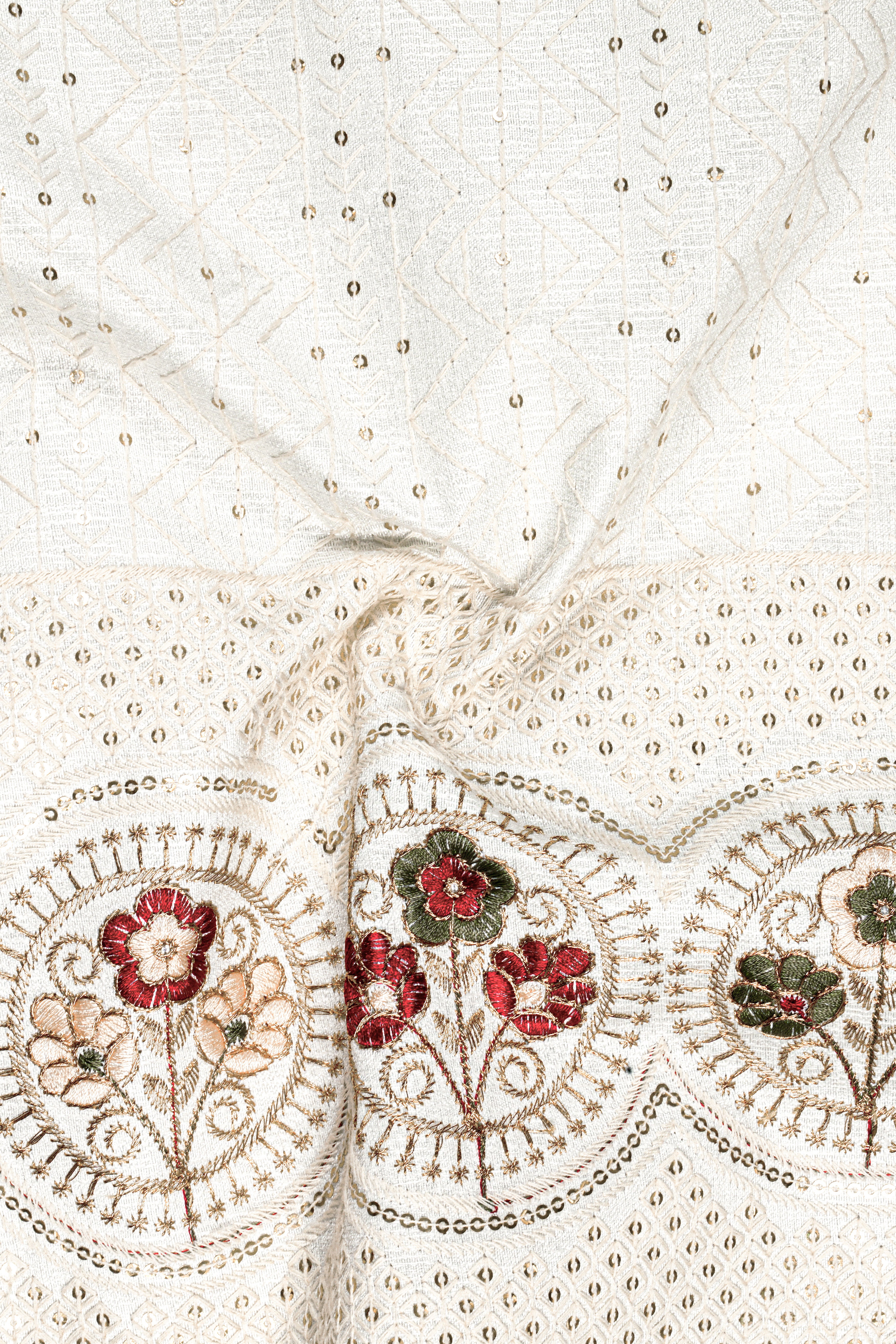 Off White And Metallic Red Multicolor Sequin and thread Embroidered Tuxedo Suit