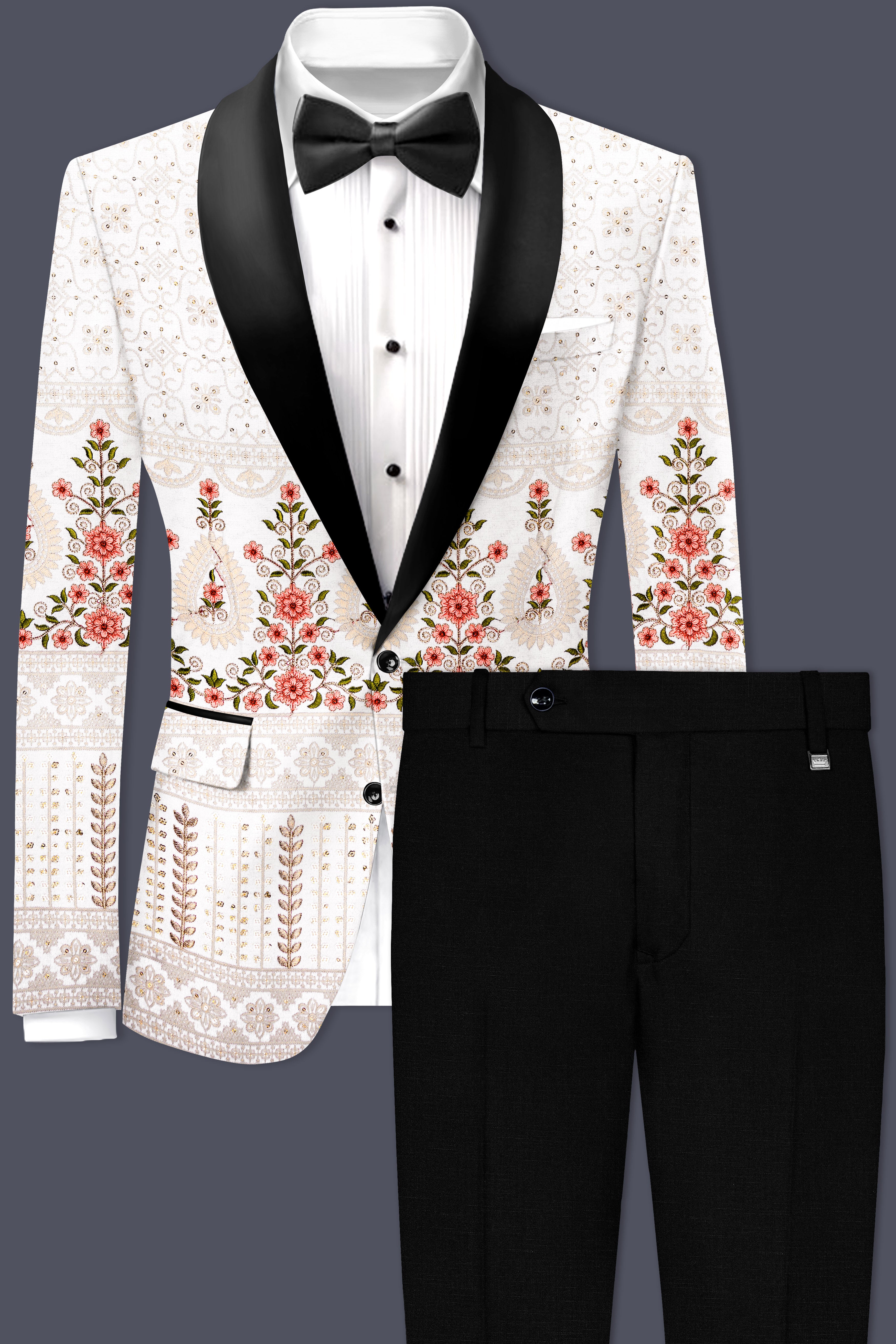 Romance White And Salmon Pink Sequin and thread Embroidered Tuxedo Suit
