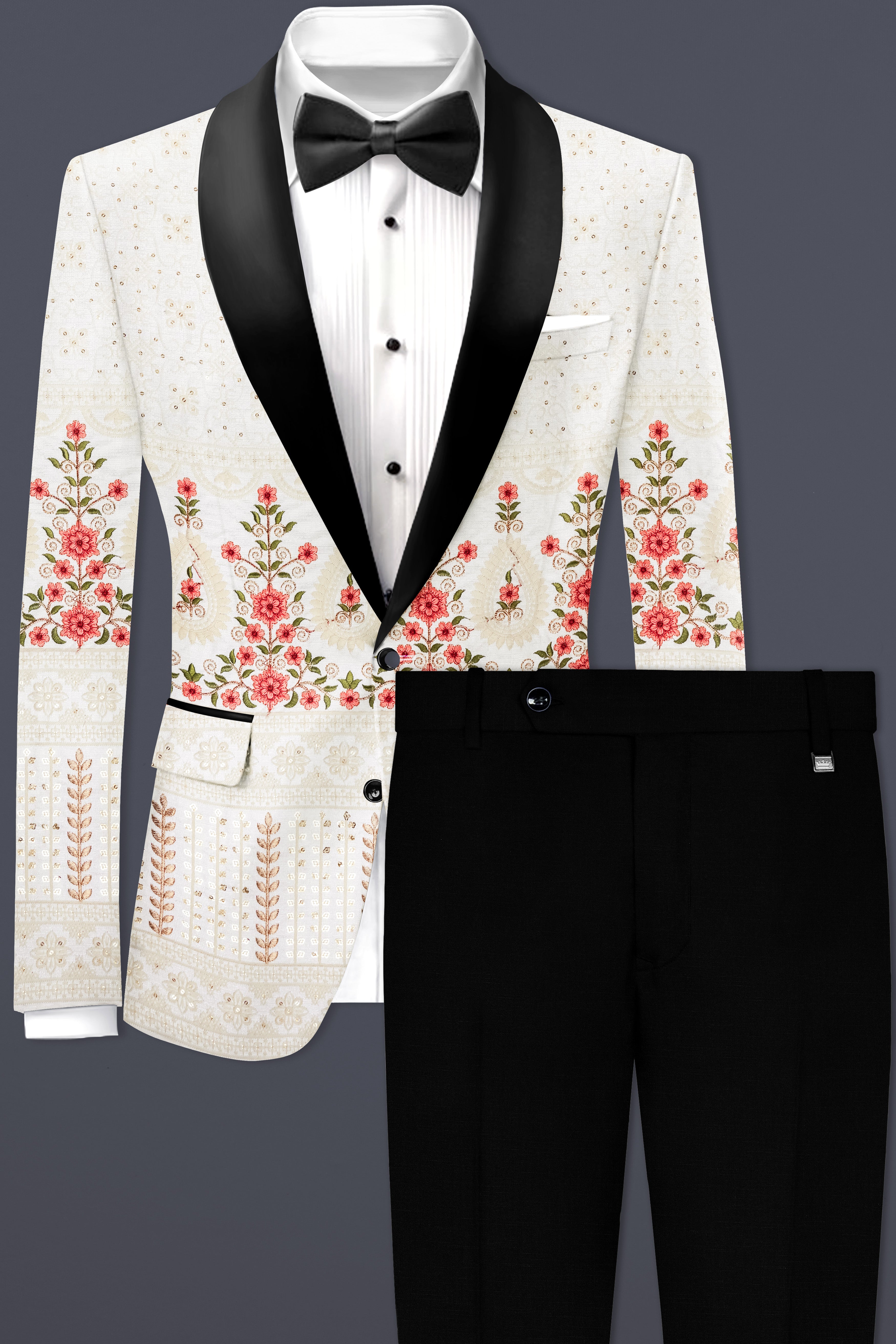 Almond Off White And Salmon Pink Sequin and thread Embroidered Tuxedo Suit