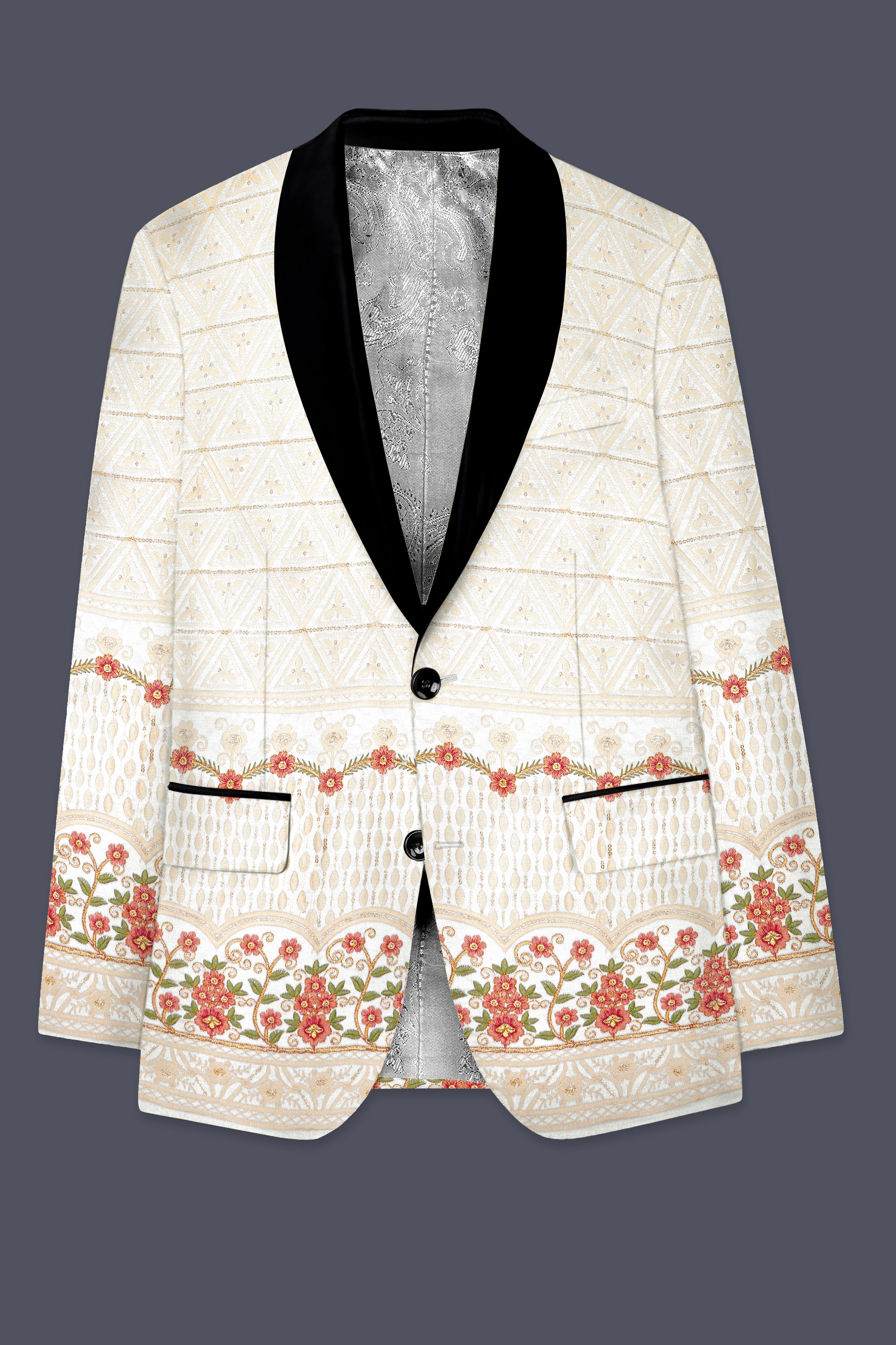 Fantasy Off White And Blush Pink Sequin and thread Embroidered Tuxedo Suit