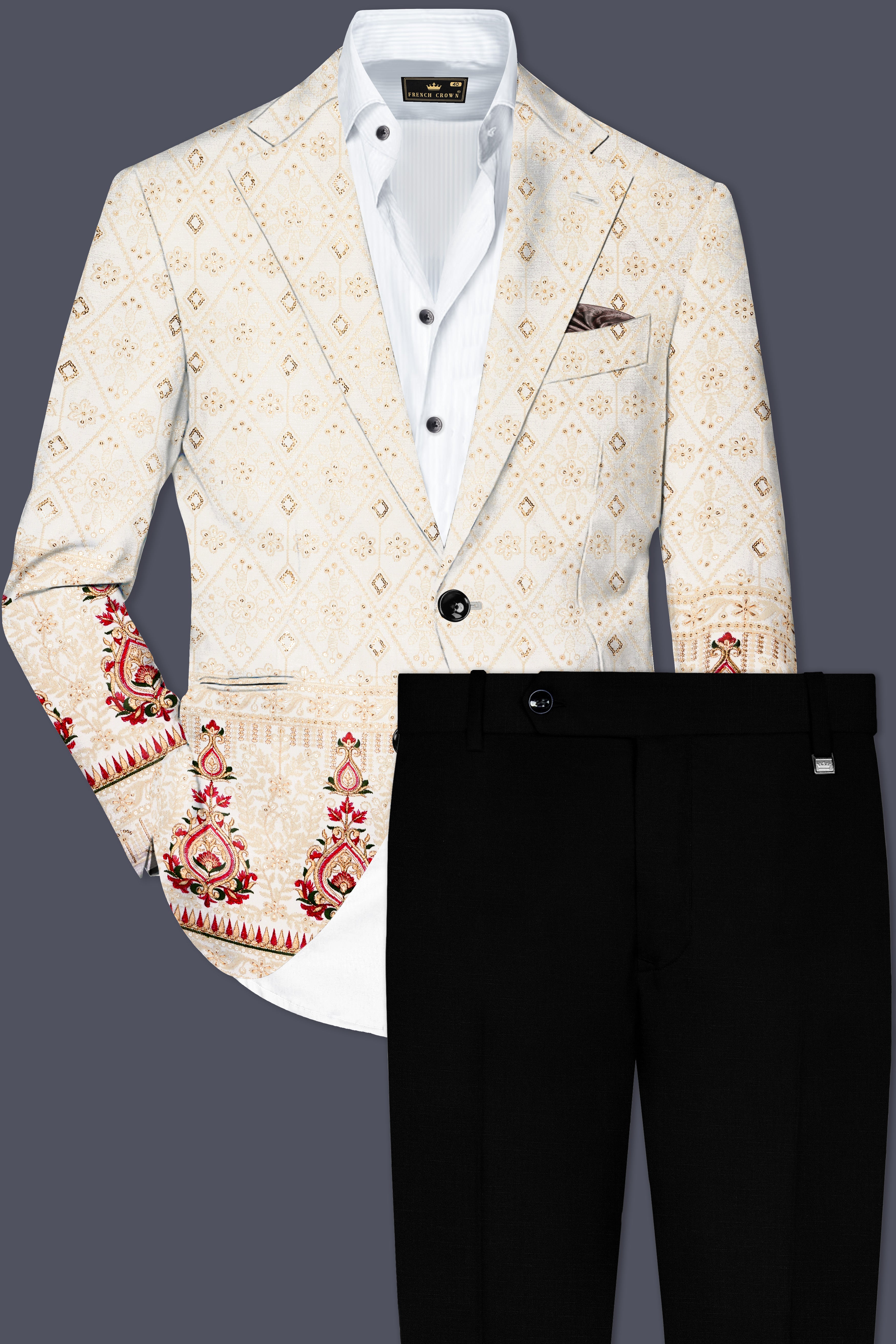 Marino Cream And Crimson Red Sequin and thread Embroidered Single Breasted Suit