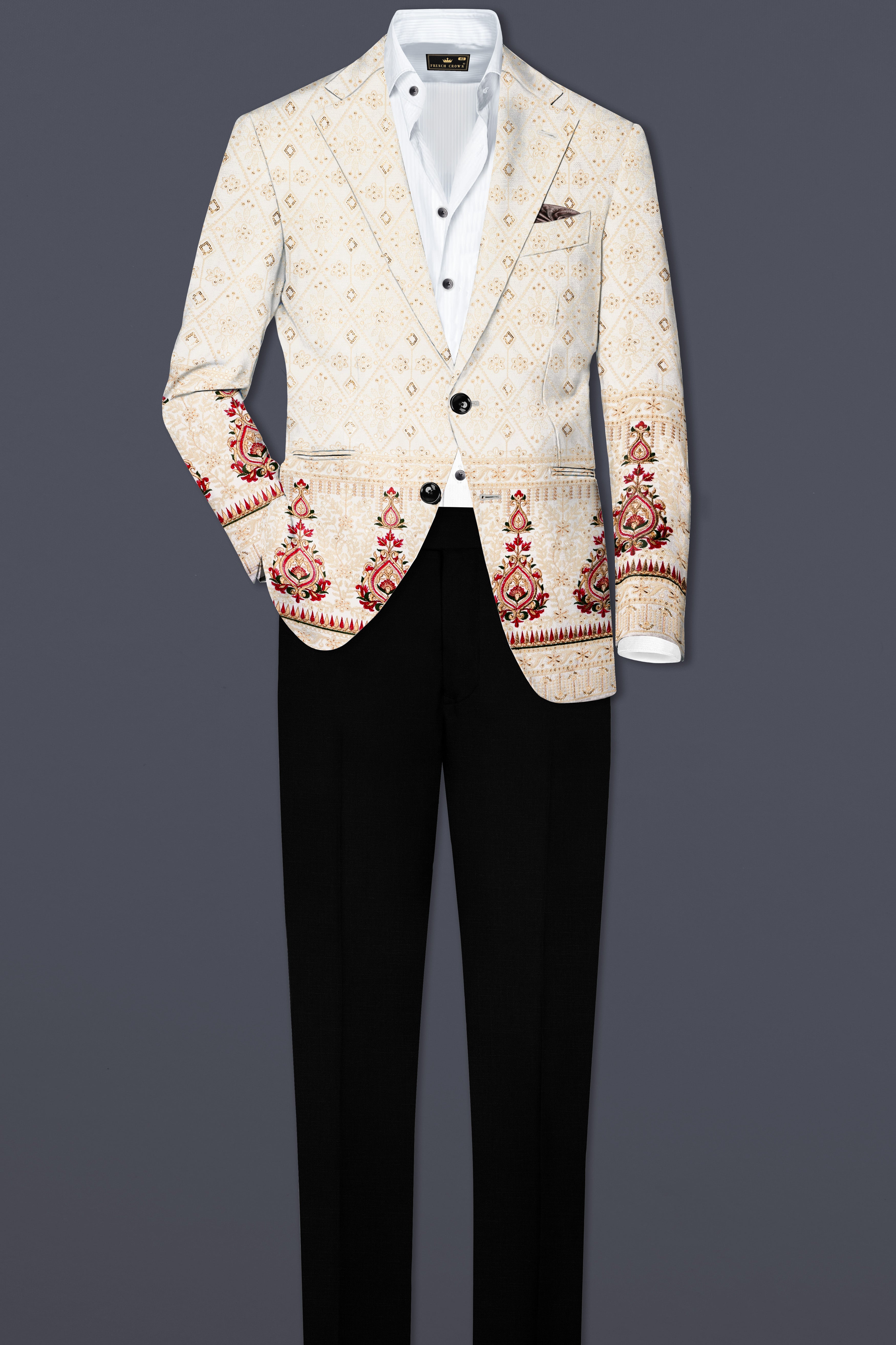 Marino Cream And Crimson Red Sequin and thread Embroidered Single Breasted Suit