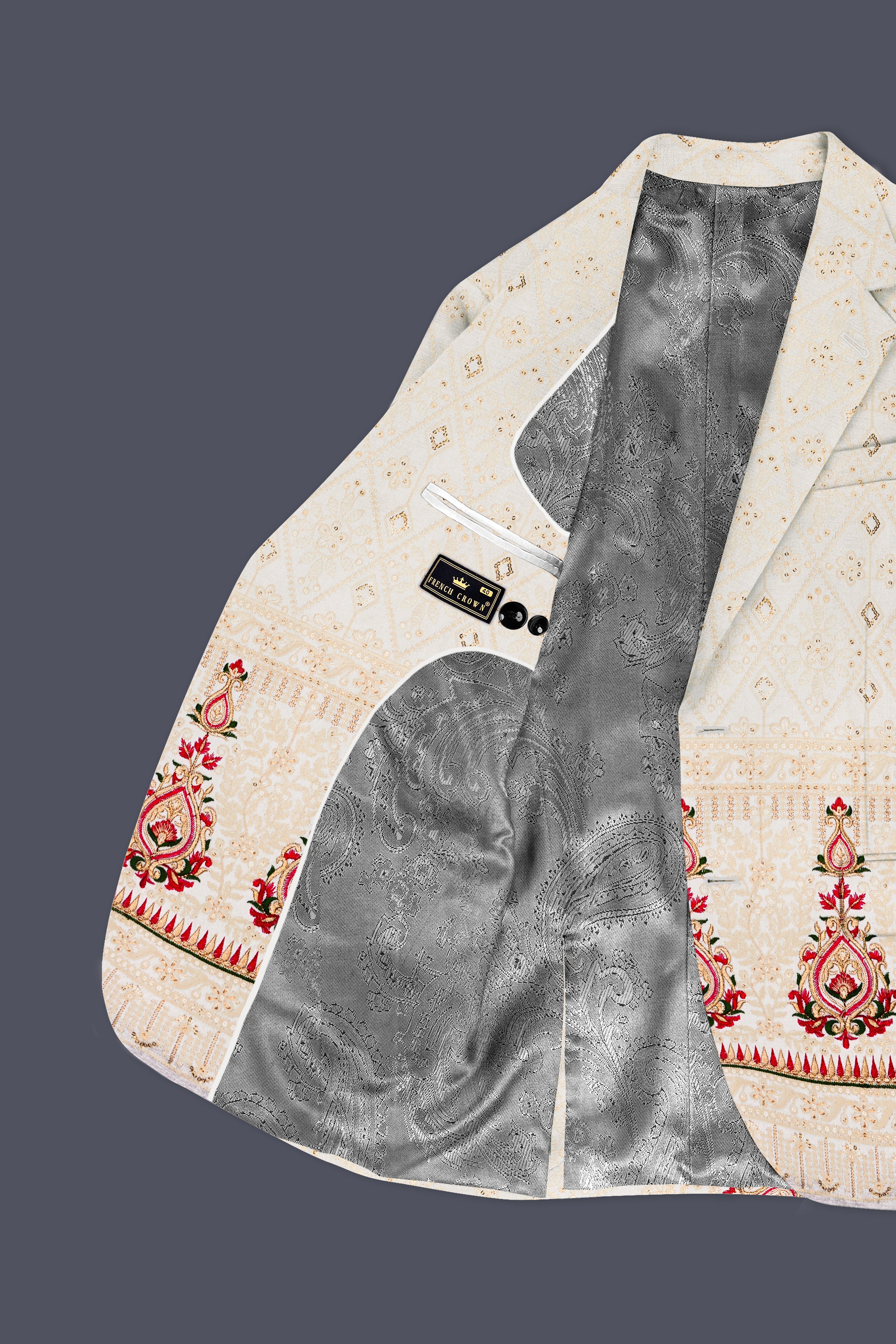 Marino Cream And Crimson Red Sequin and thread Embroidered Single Breasted Suit