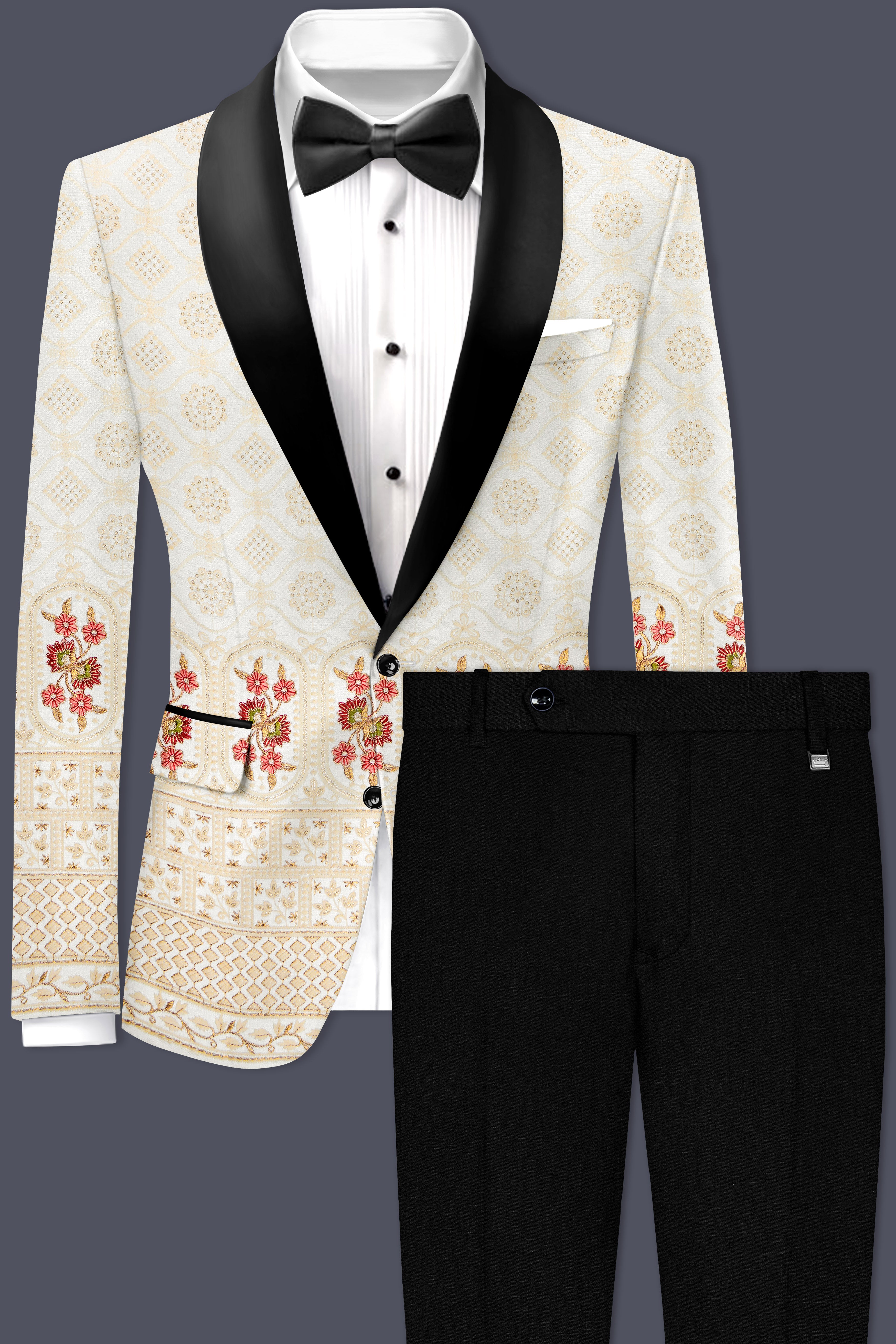 Ecru Off White And Peachy Pink Sequin and thread Embroidered Tuxedo Suit