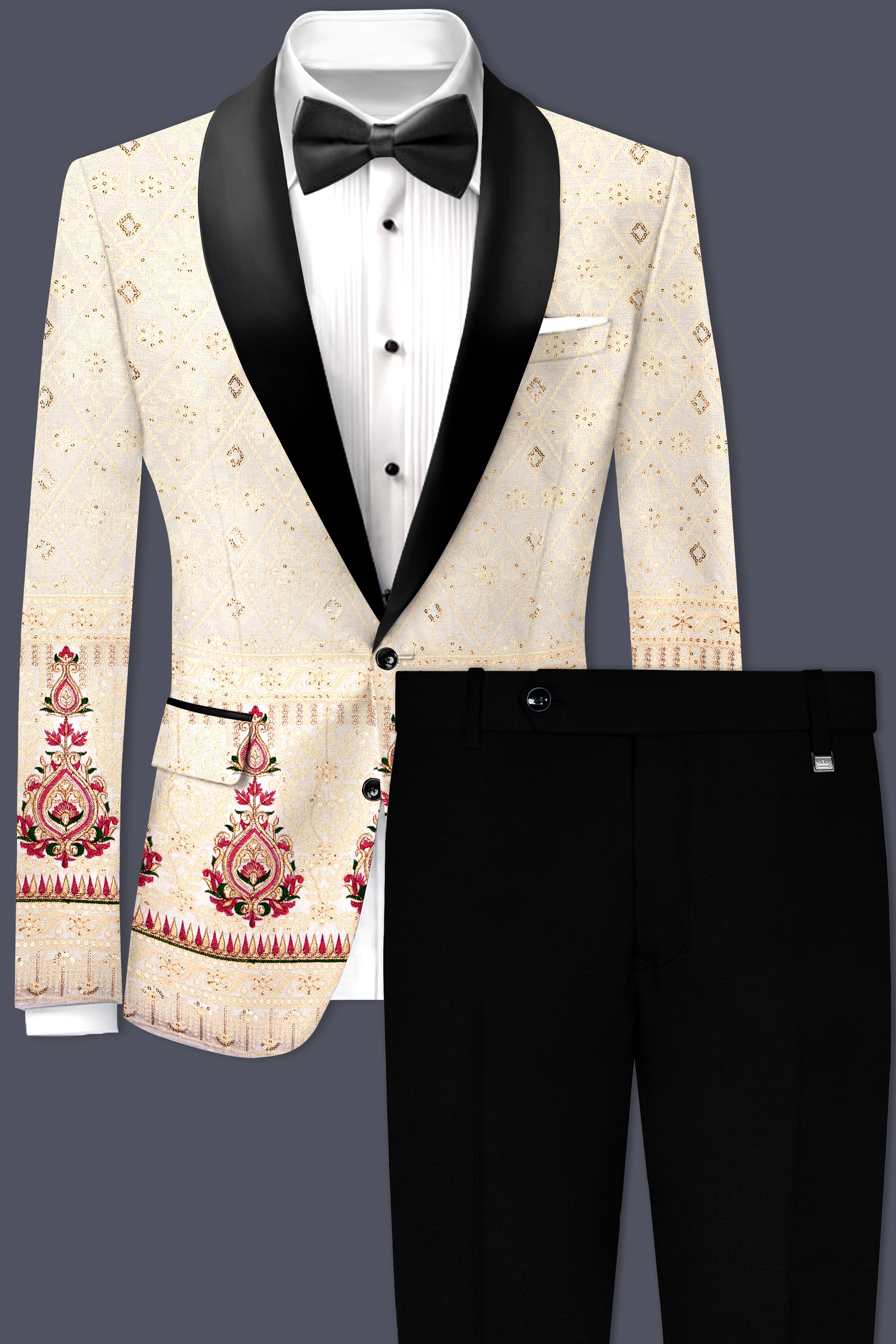 Marino Cream And Crimson Red Sequin and thread Embroidered Tuxedo Suit