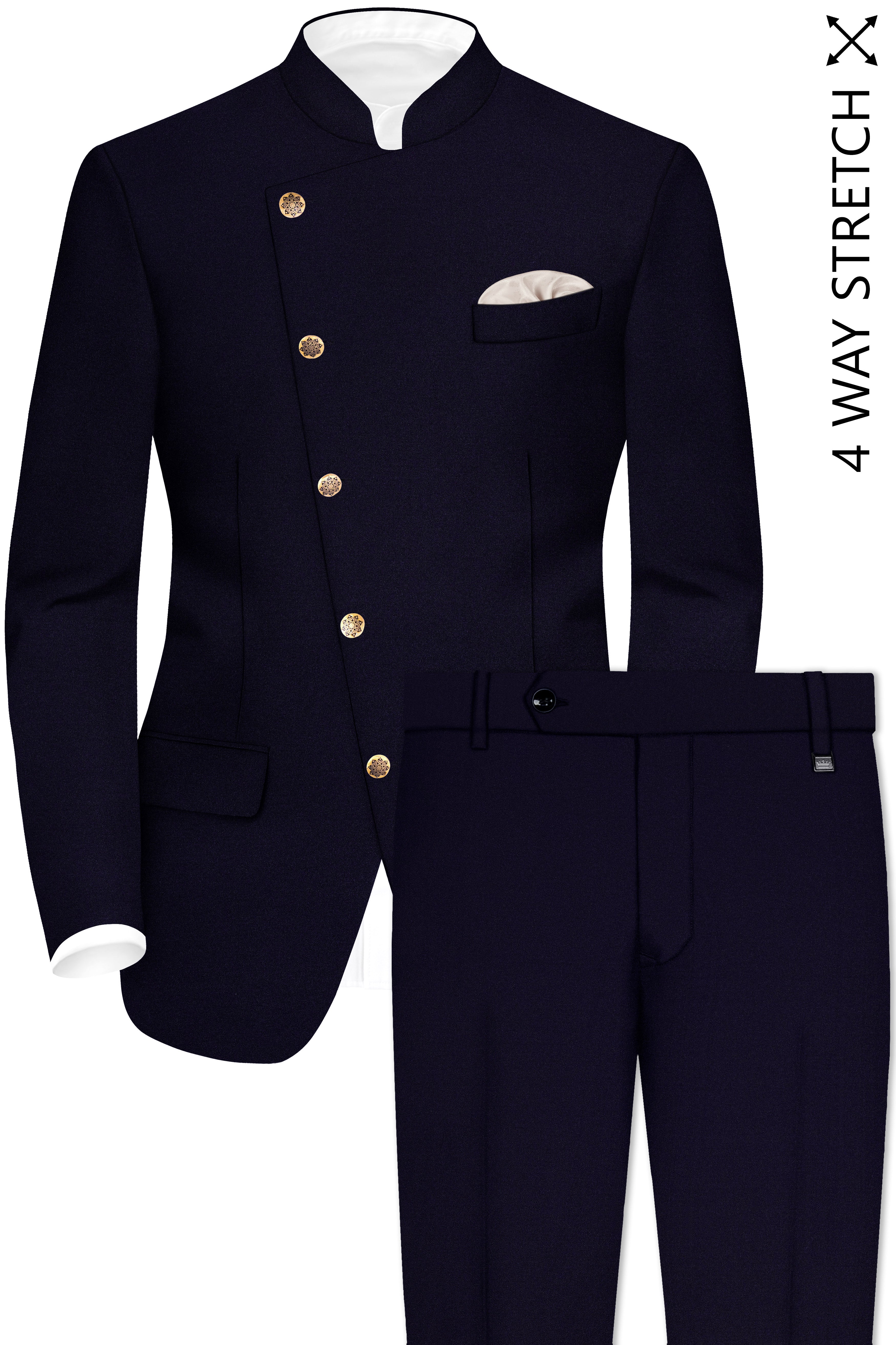 Vistaro-Korean Blue (The Best Blue We Have) Wool Rich Cross Placket Bandhgala Stretchable traveler Suit