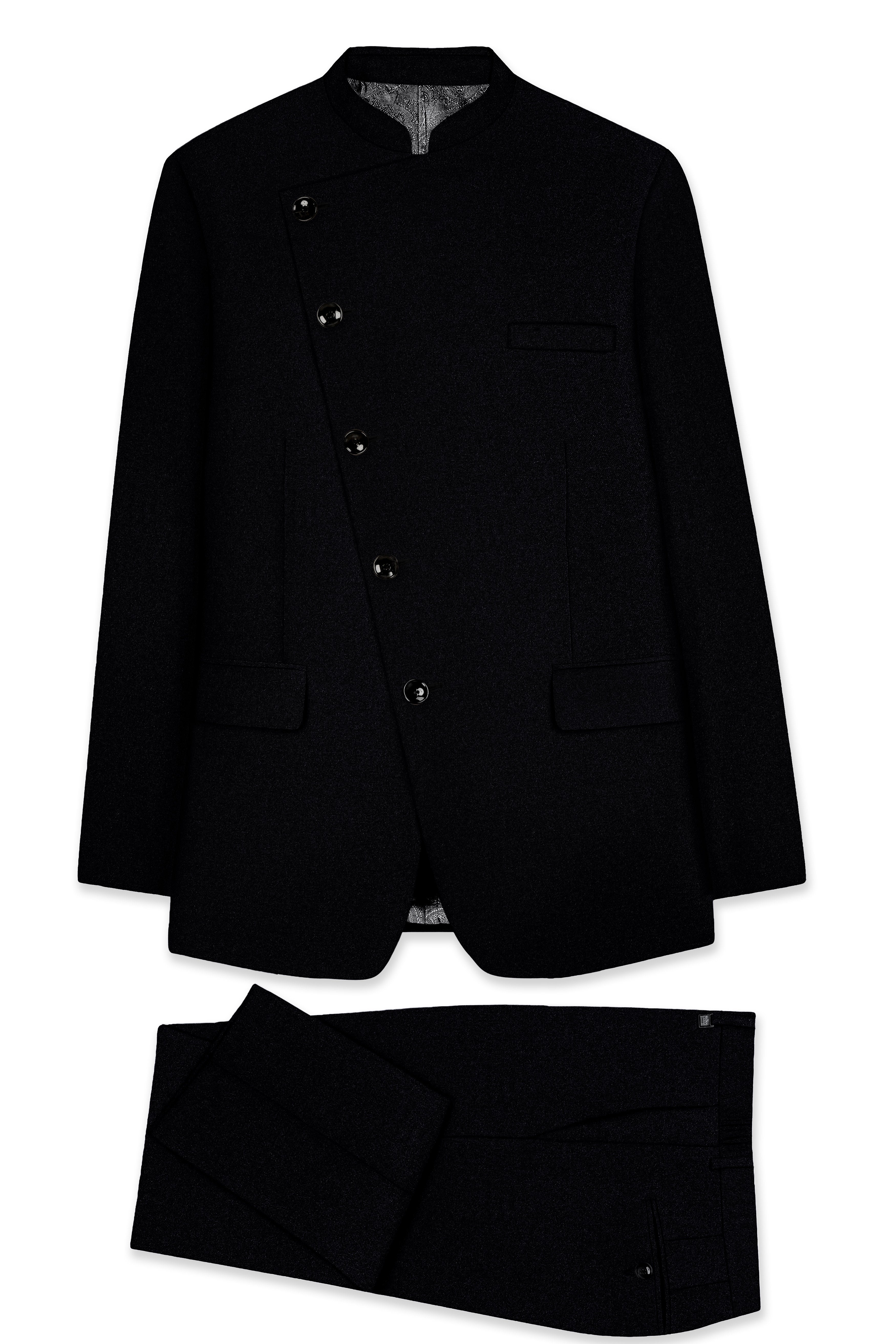 Noirex-Korean Black (The Best Black We Have) Wool Rich Cross Placket Bandhgala Stretchable traveler Suit