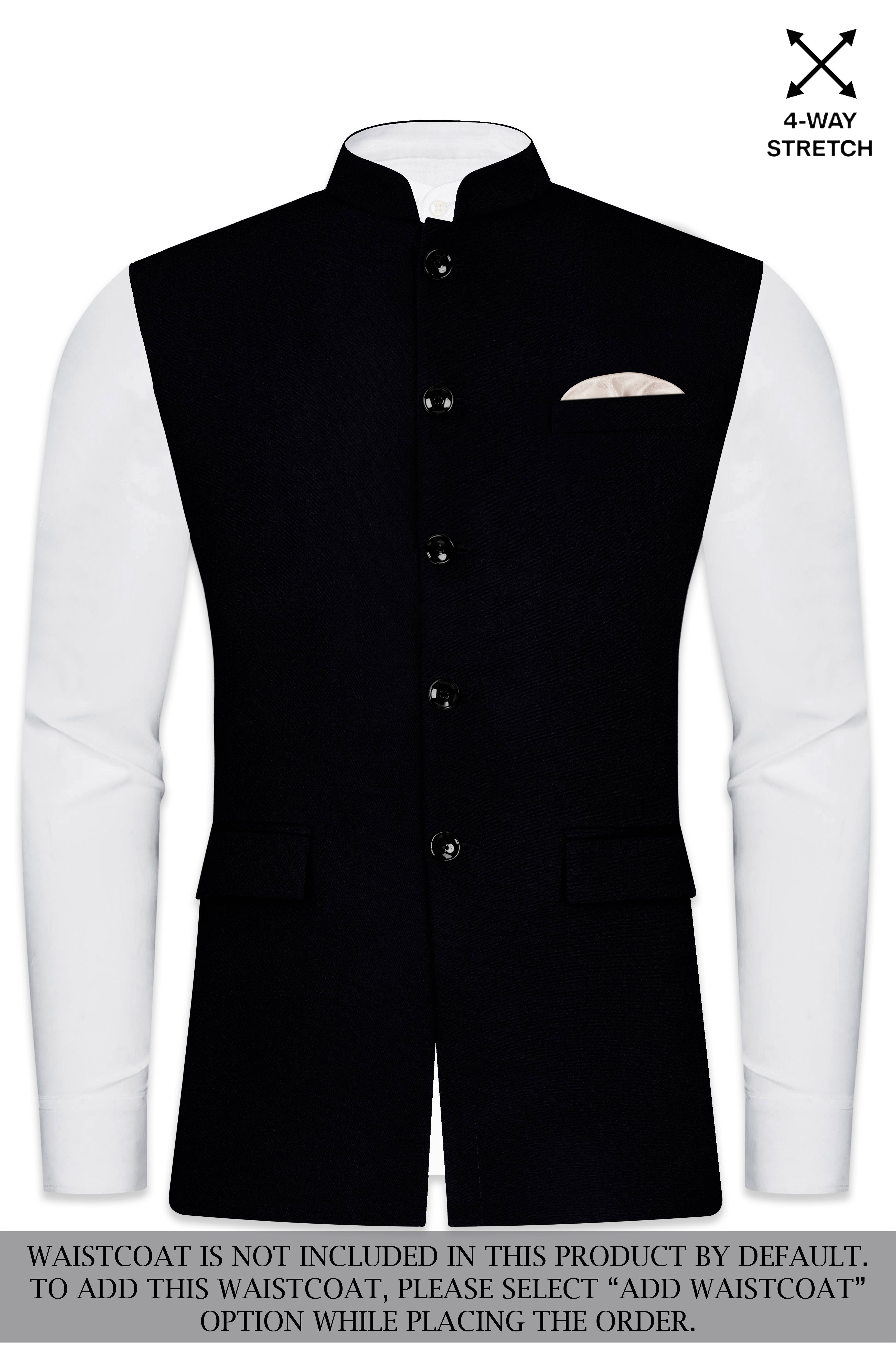 Noirex-Korean Black (The Best Black We Have) Wool Rich Cross Placket Bandhgala Stretchable traveler Suit