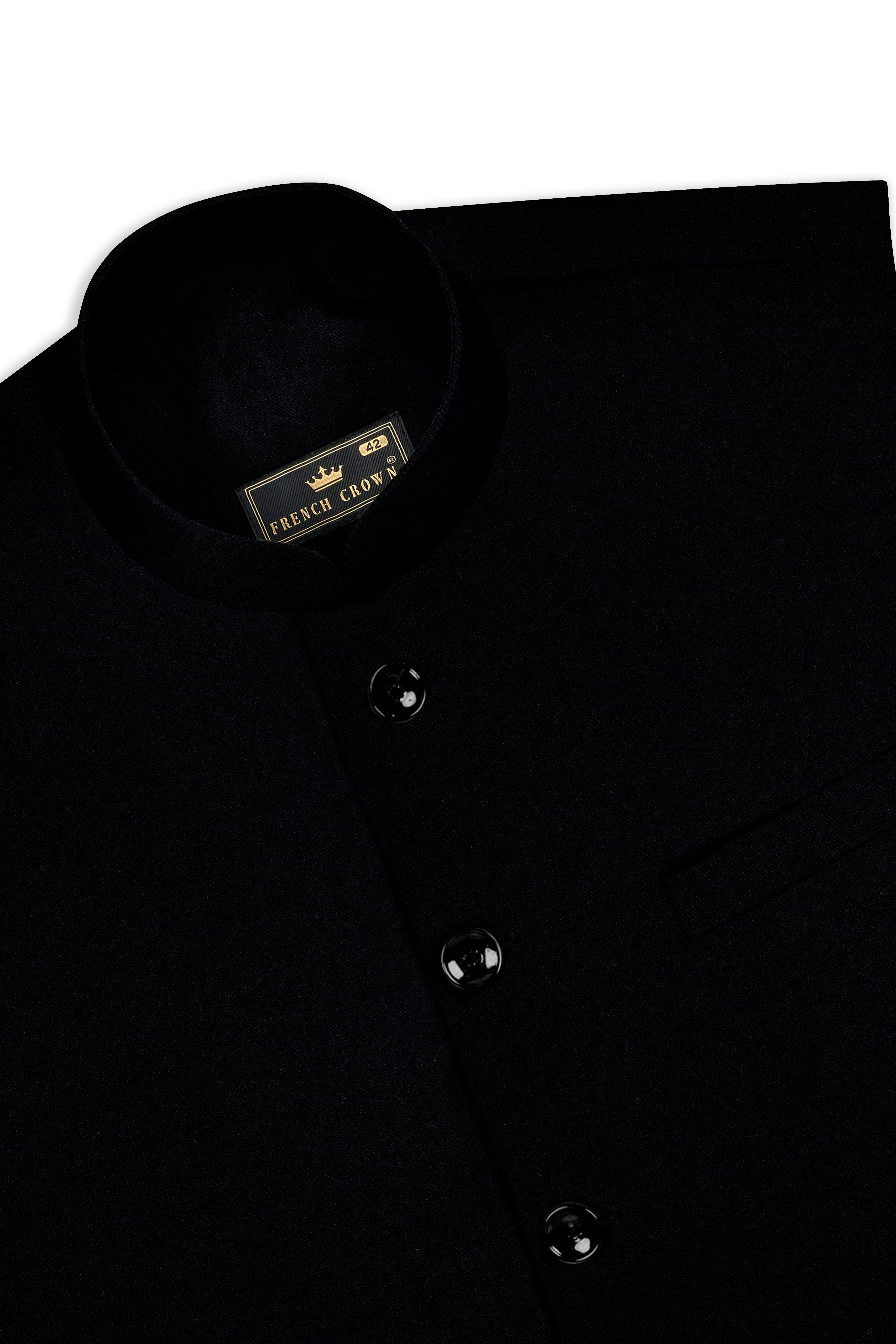 Noirex-Korean Black (The Best Black We Have) Wool Rich Cross Placket Bandhgala Stretchable traveler Suit