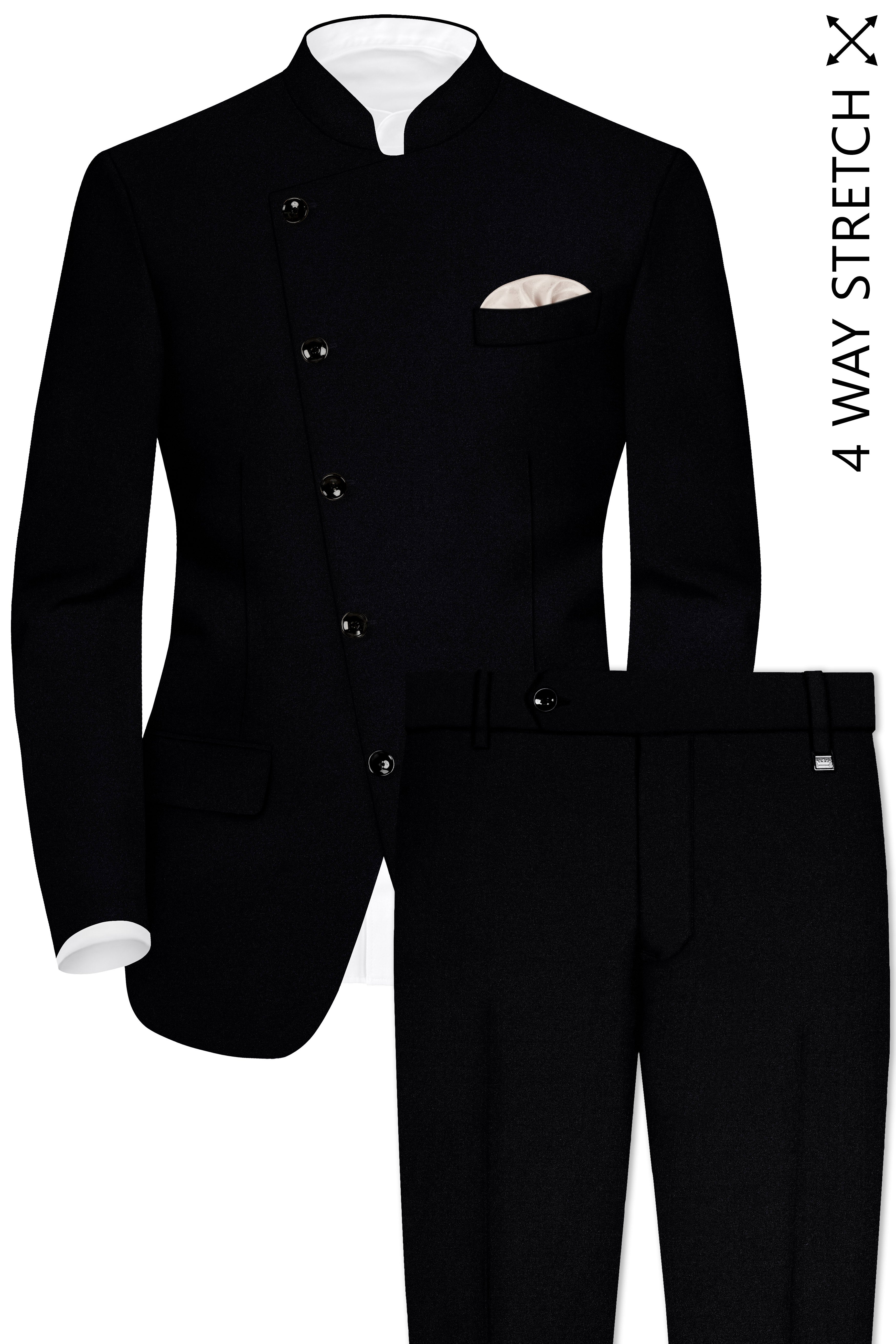 Noirex-Korean Black (The Best Black We Have) Wool Rich Cross Placket Bandhgala Stretchable traveler Suit