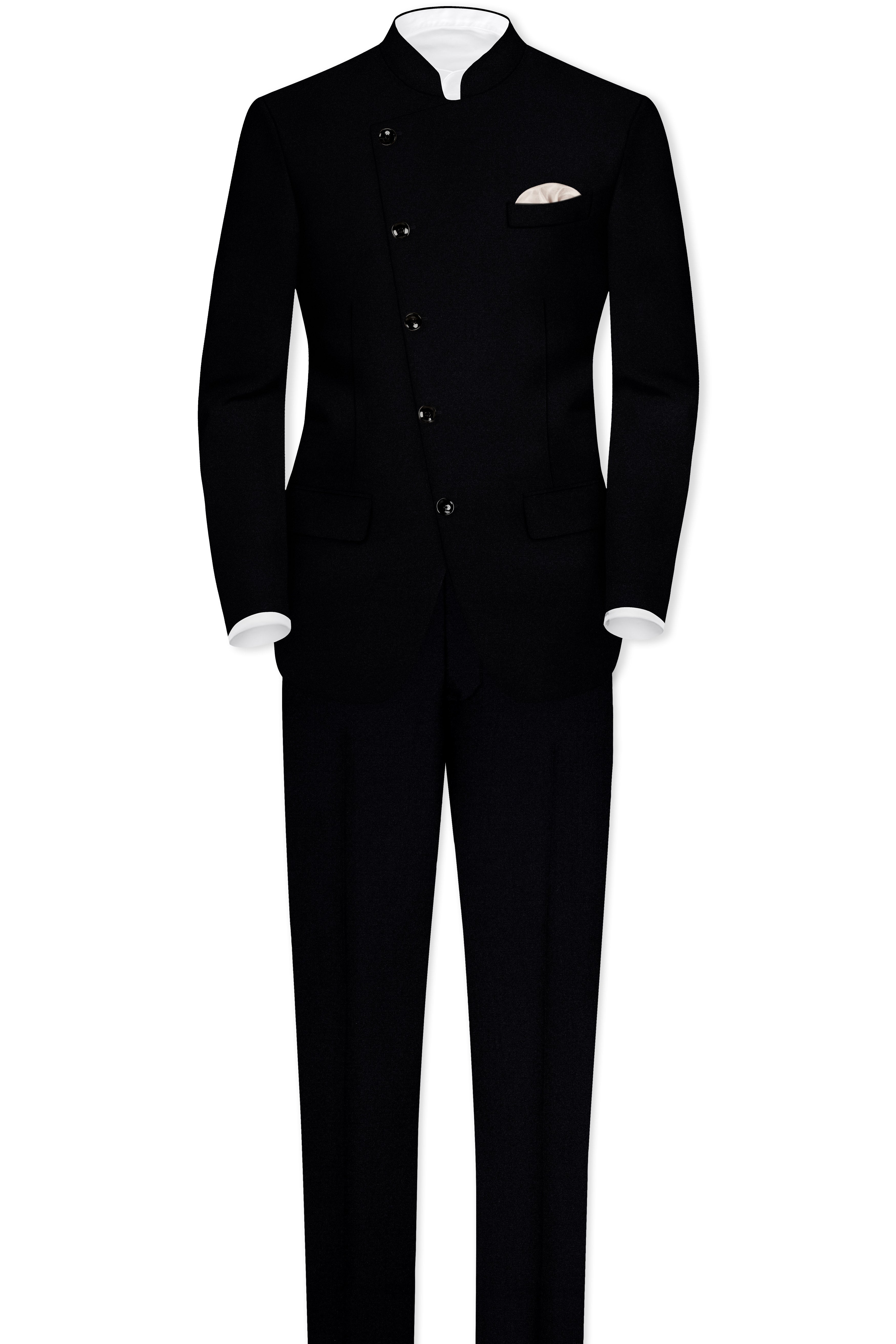 Noirex-Korean Black (The Best Black We Have) Wool Rich Cross Placket Bandhgala Stretchable traveler Suit
