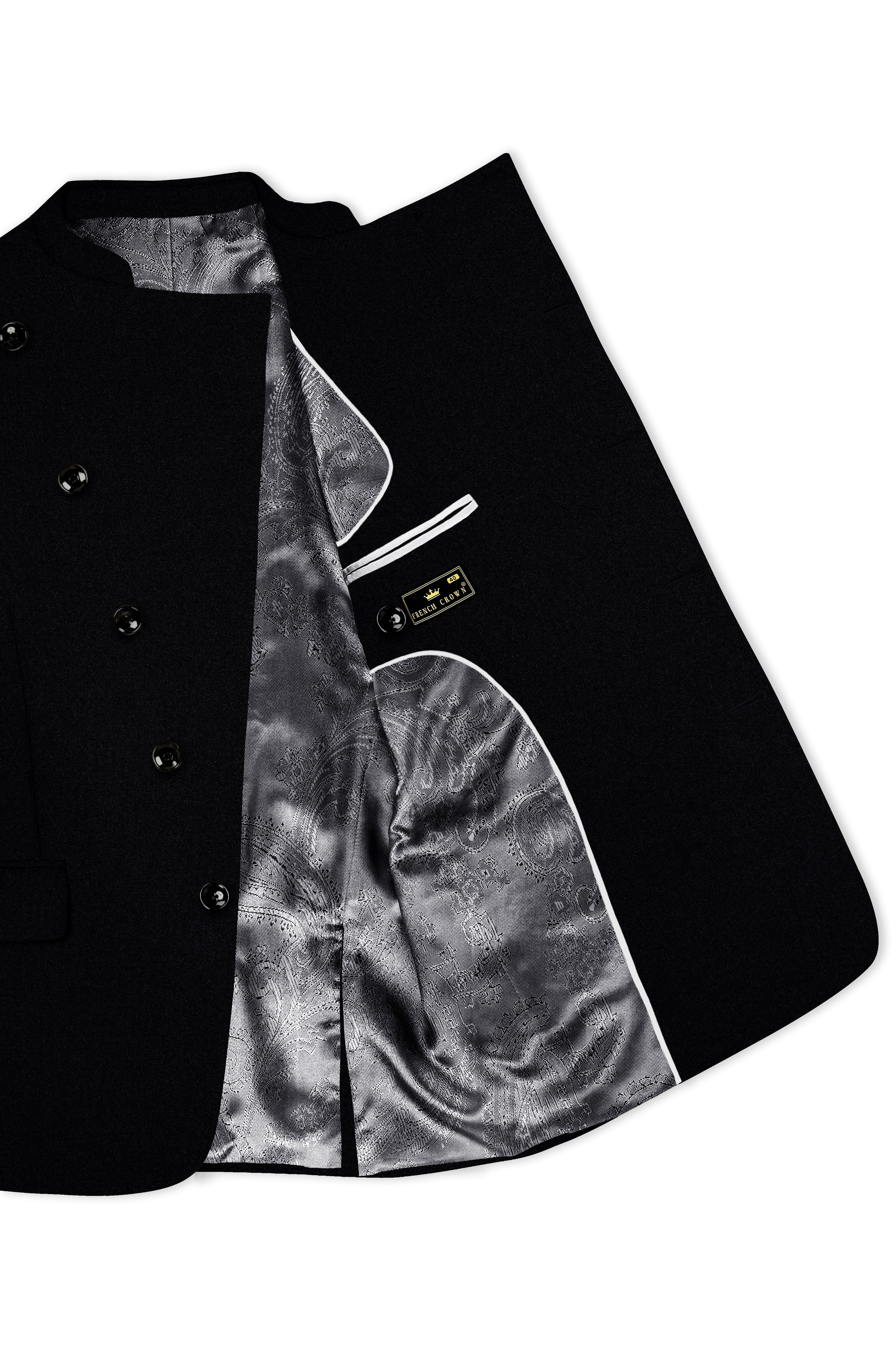 Noirex-Korean Black (The Best Black We Have) Wool Rich Cross Placket Bandhgala Stretchable traveler Suit