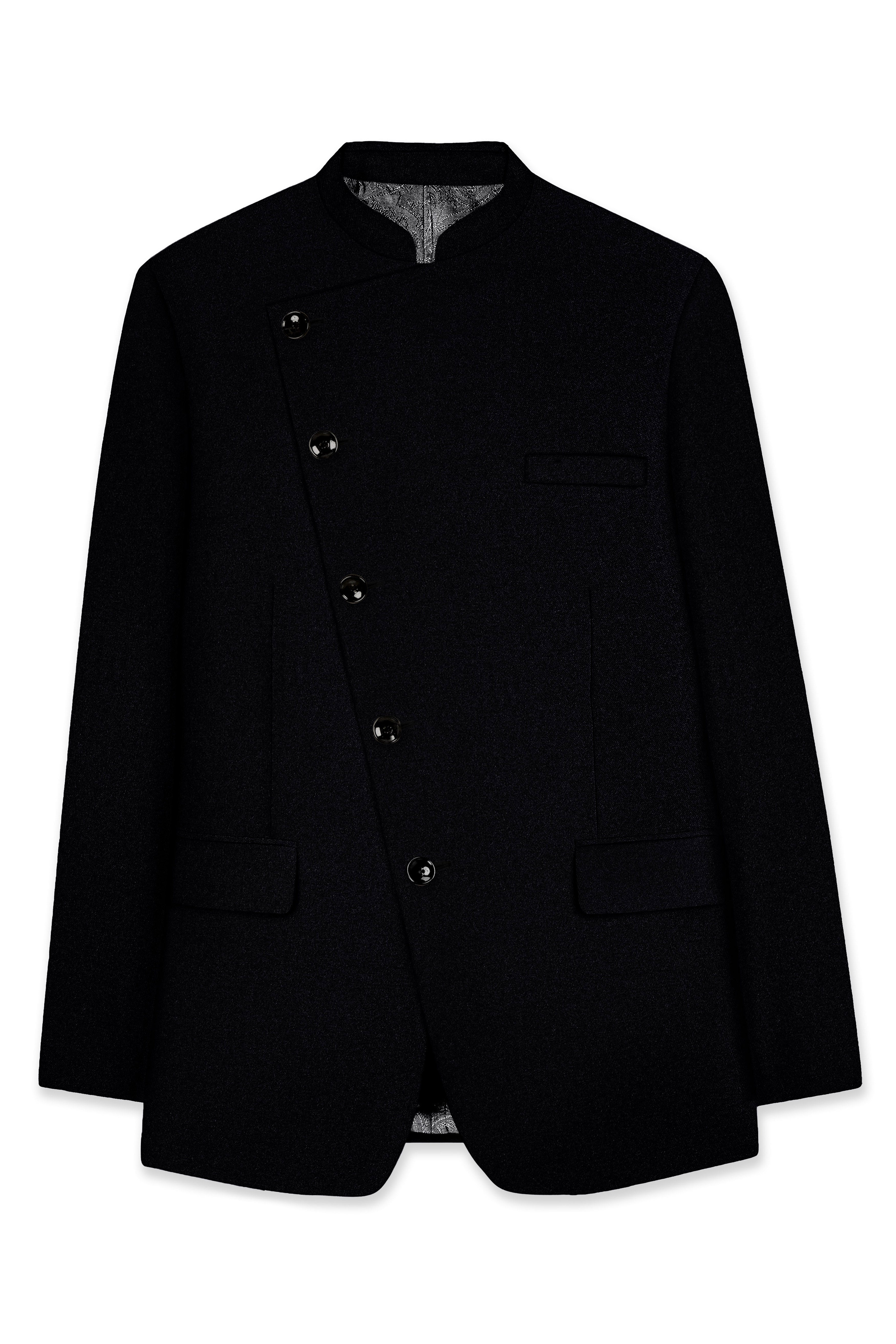 Noirex-Korean Black (The Best Black We Have) Wool Rich Cross Placket Bandhgala Stretchable traveler Suit