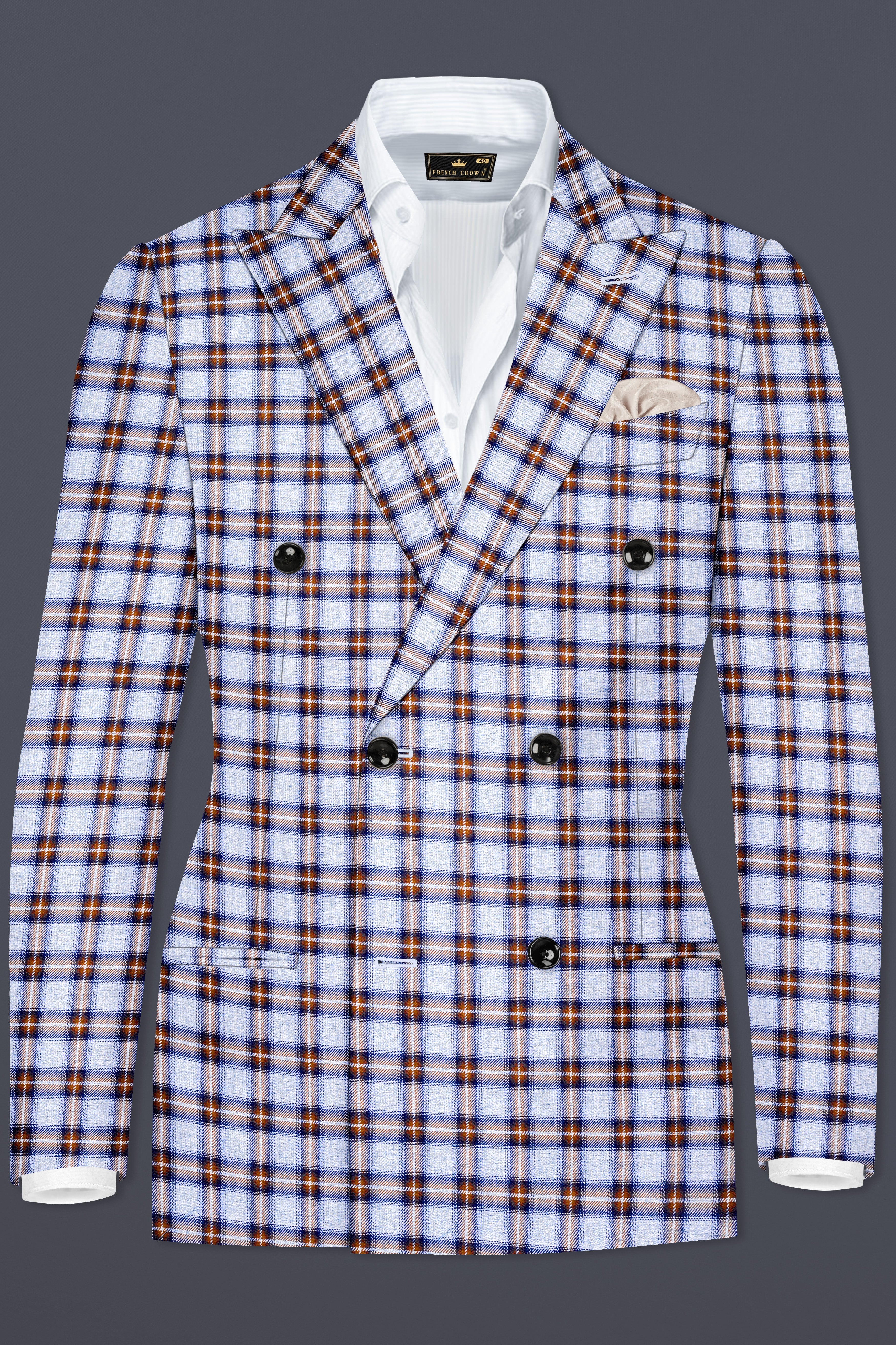 Castaire-Chateau Blue with Cocoa Brown Plaid Wool Rich Double Breasted Suit