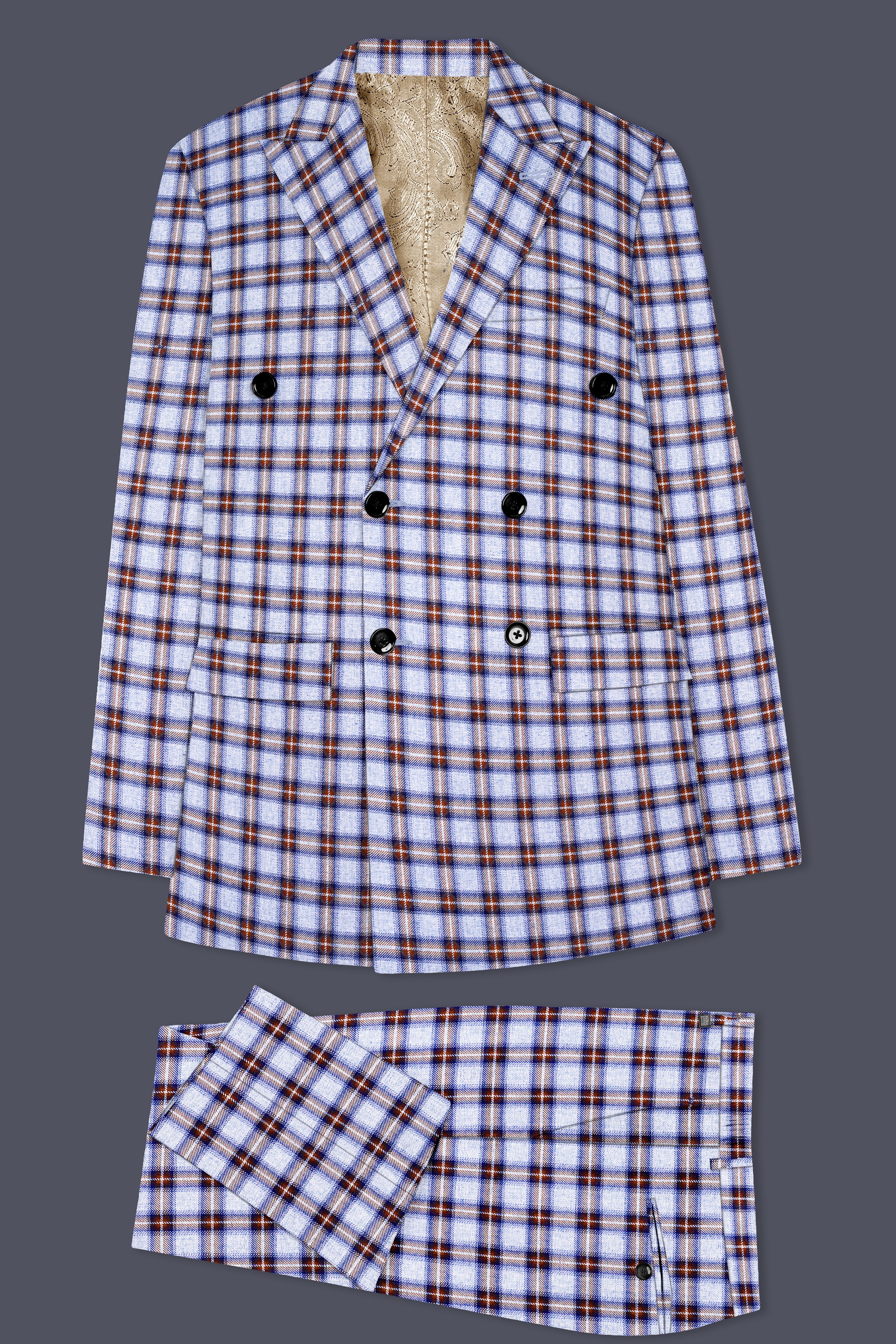 Castaire-Chateau Blue with Cocoa Brown Plaid Wool Rich Double Breasted Suit